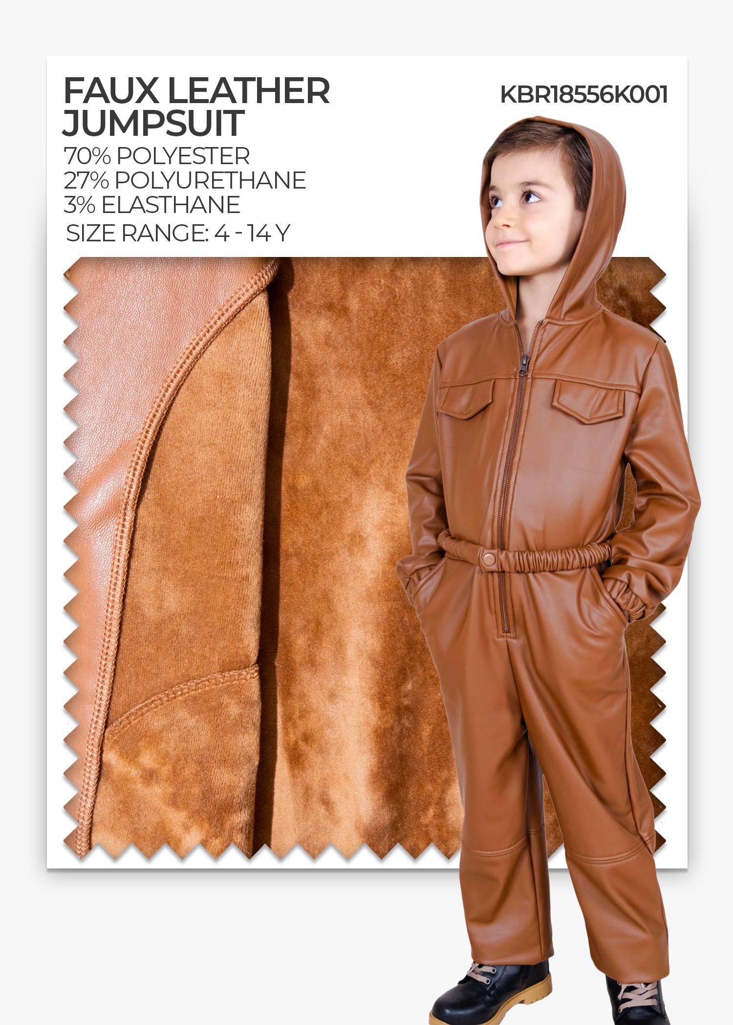 Velvet Covered Faux Leather Hooded Winter Boys' Jumpsuit