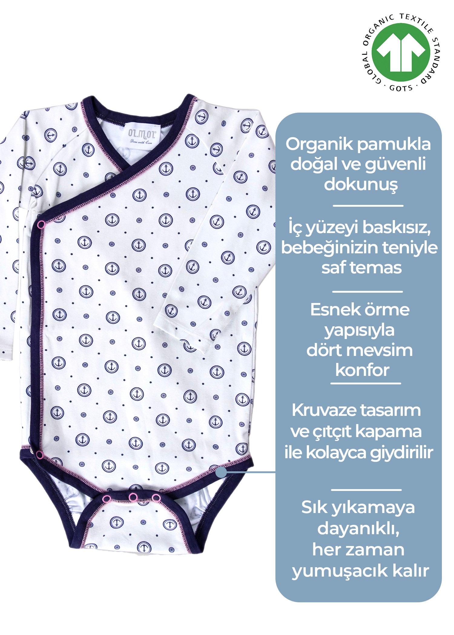 Organik Çapa Baskılı Kruvaze Unisex Bebek Body