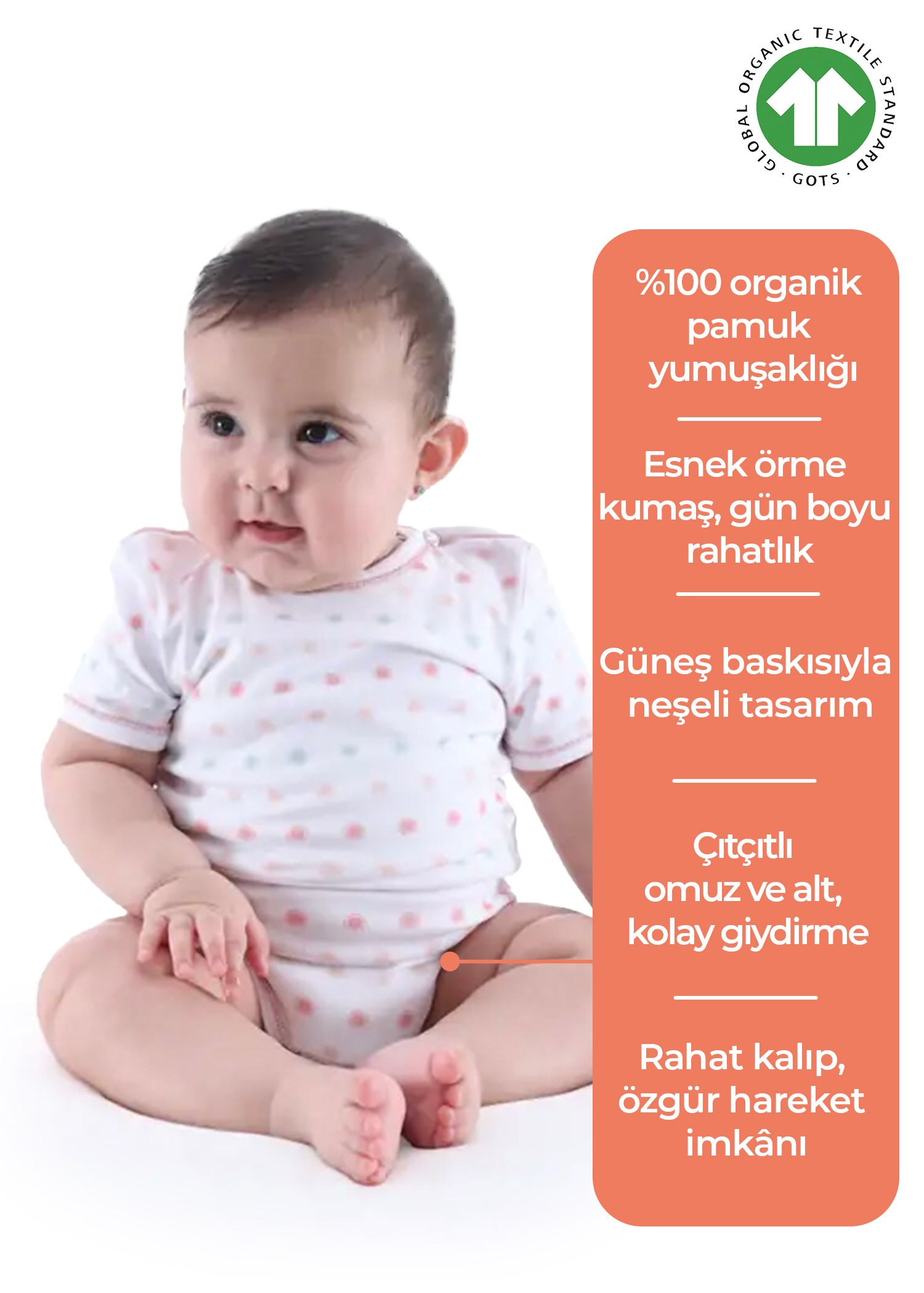 Organik Güneş Desenli Kısa Kollu Kız Bebek Body