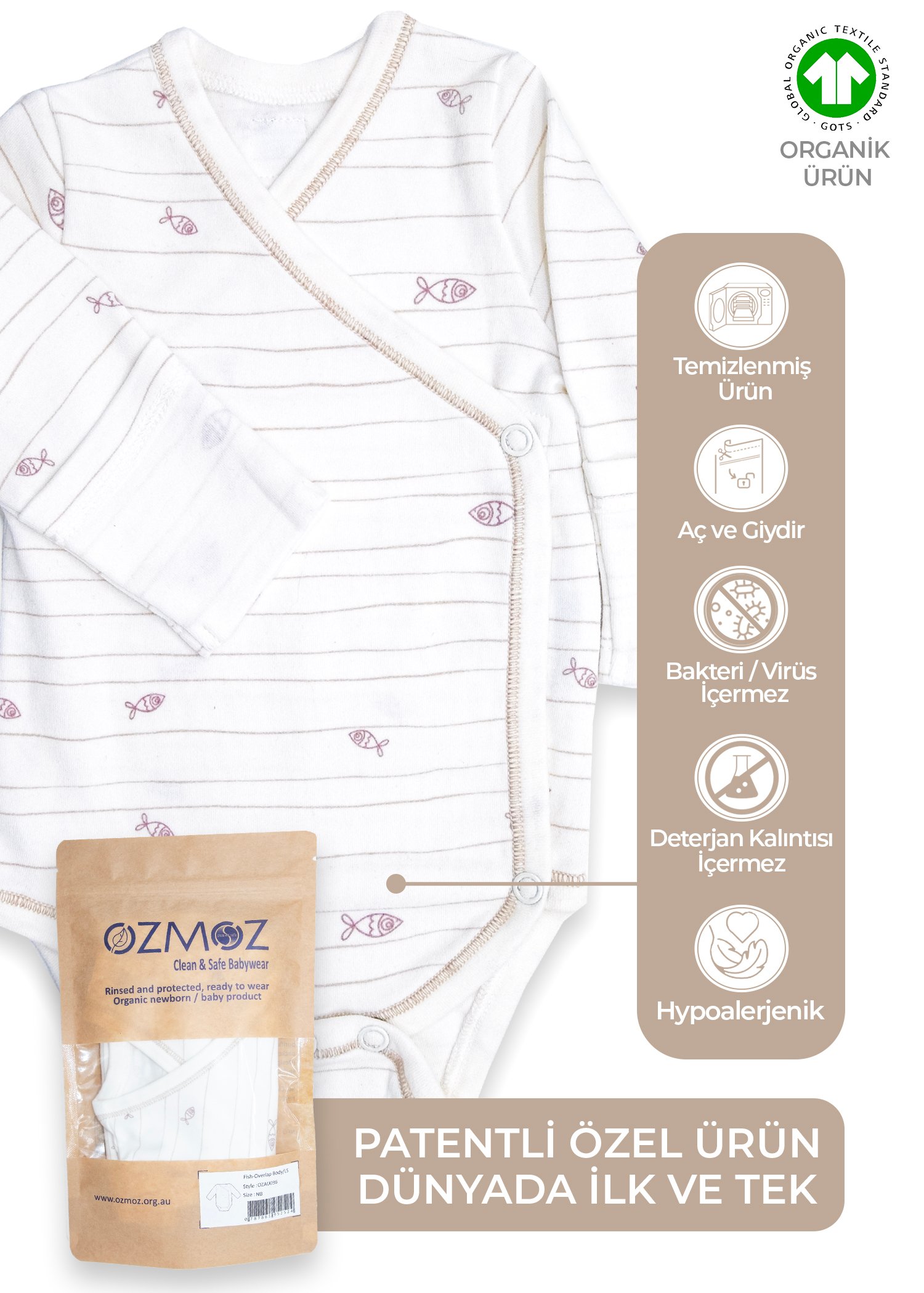 Clean&Safe Organik Steril Temizlenmiş Unisex Bebek Kruvaze Body