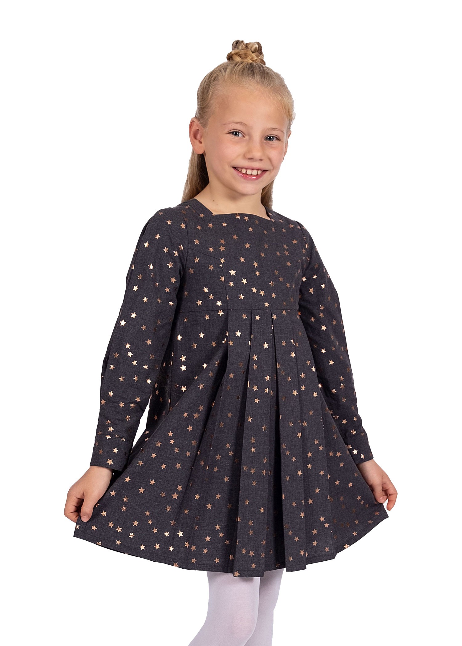 100% Cotton Gilded Printed Anthracite Winter Girl's Dress