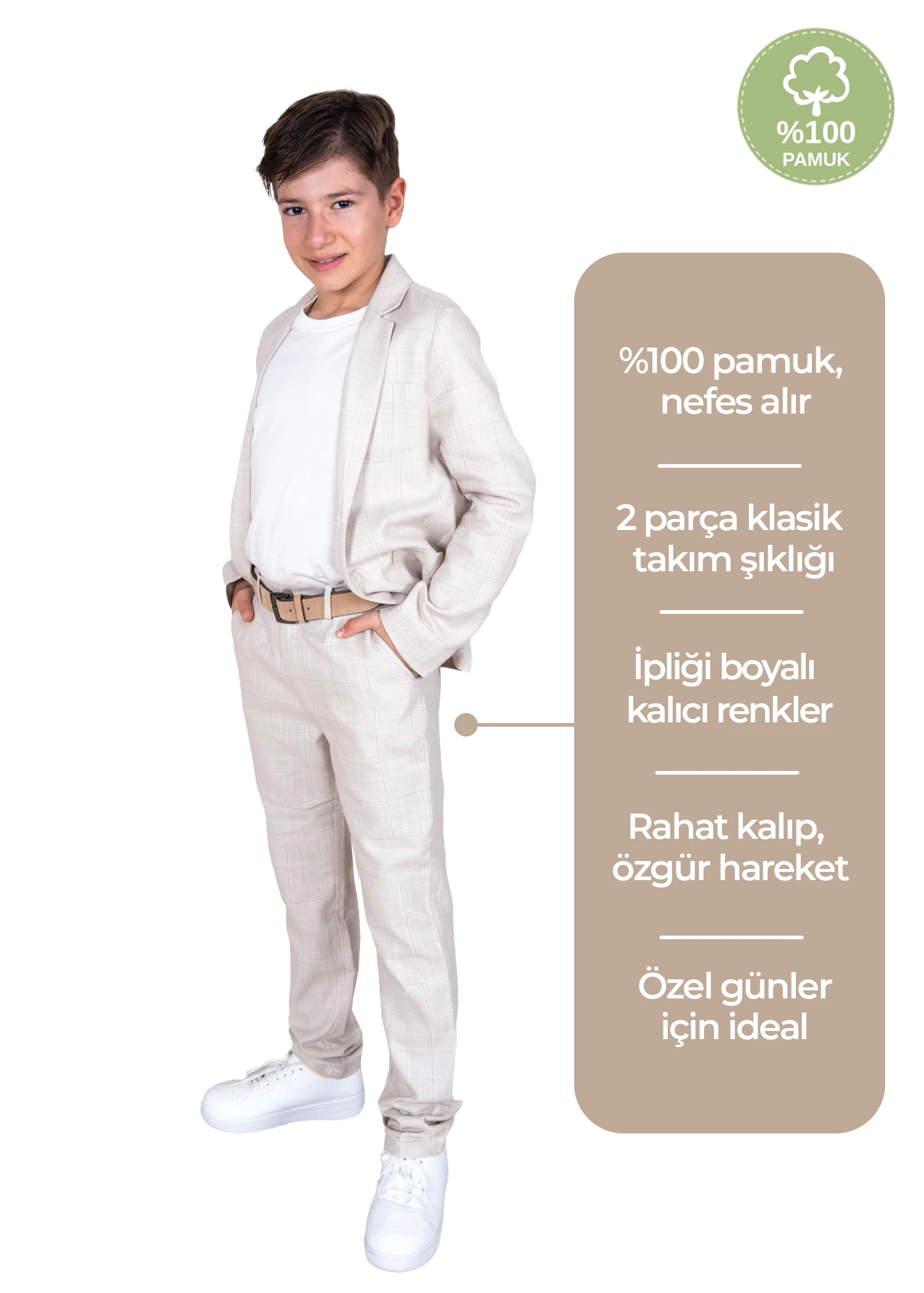 %100 Pamuk Krem Baharlık Klasik Erkek Çocuk Pantolon Ceket Takım
