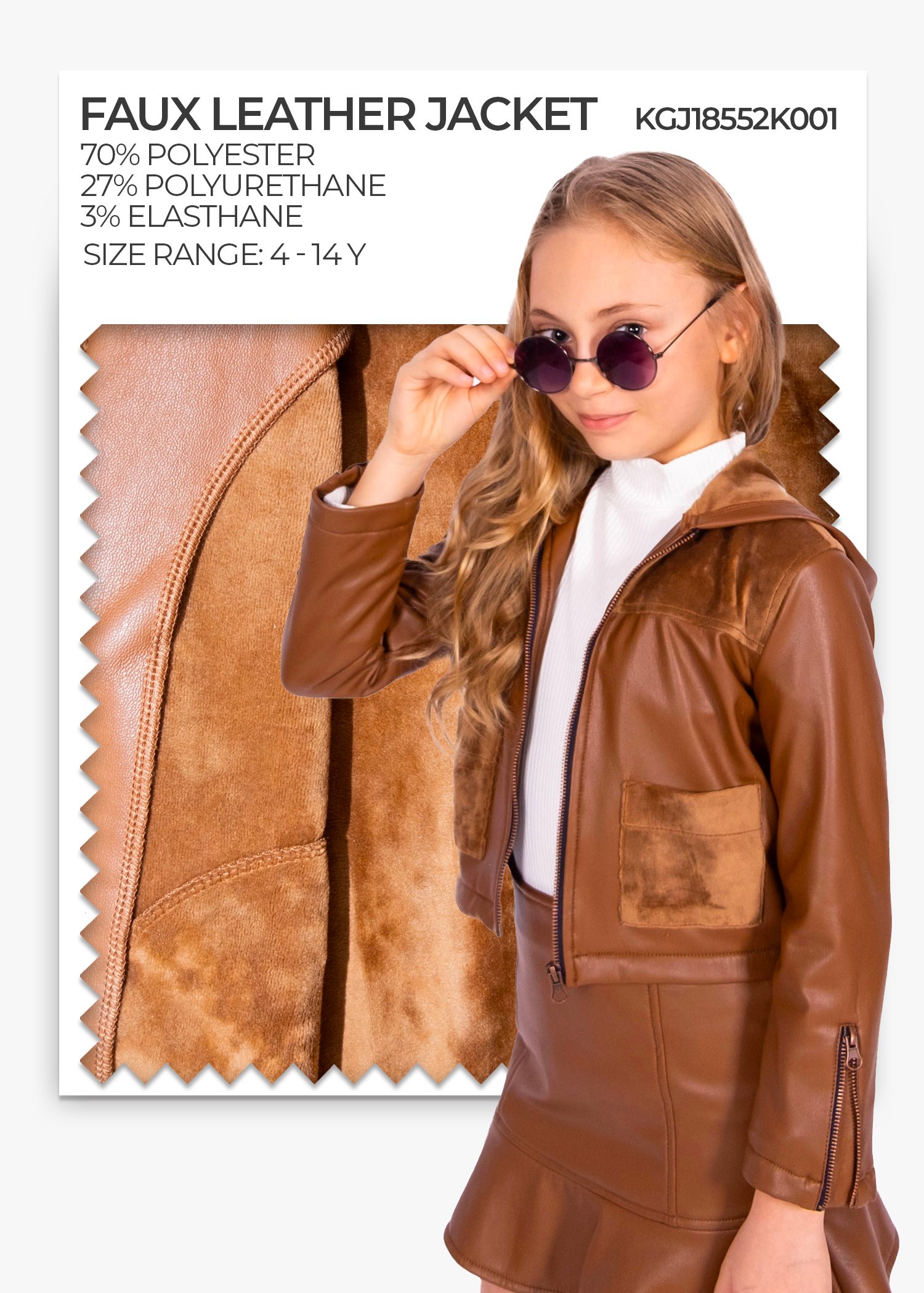 Faux Leather Hooded Winter Girls Coat Covered with Velvet