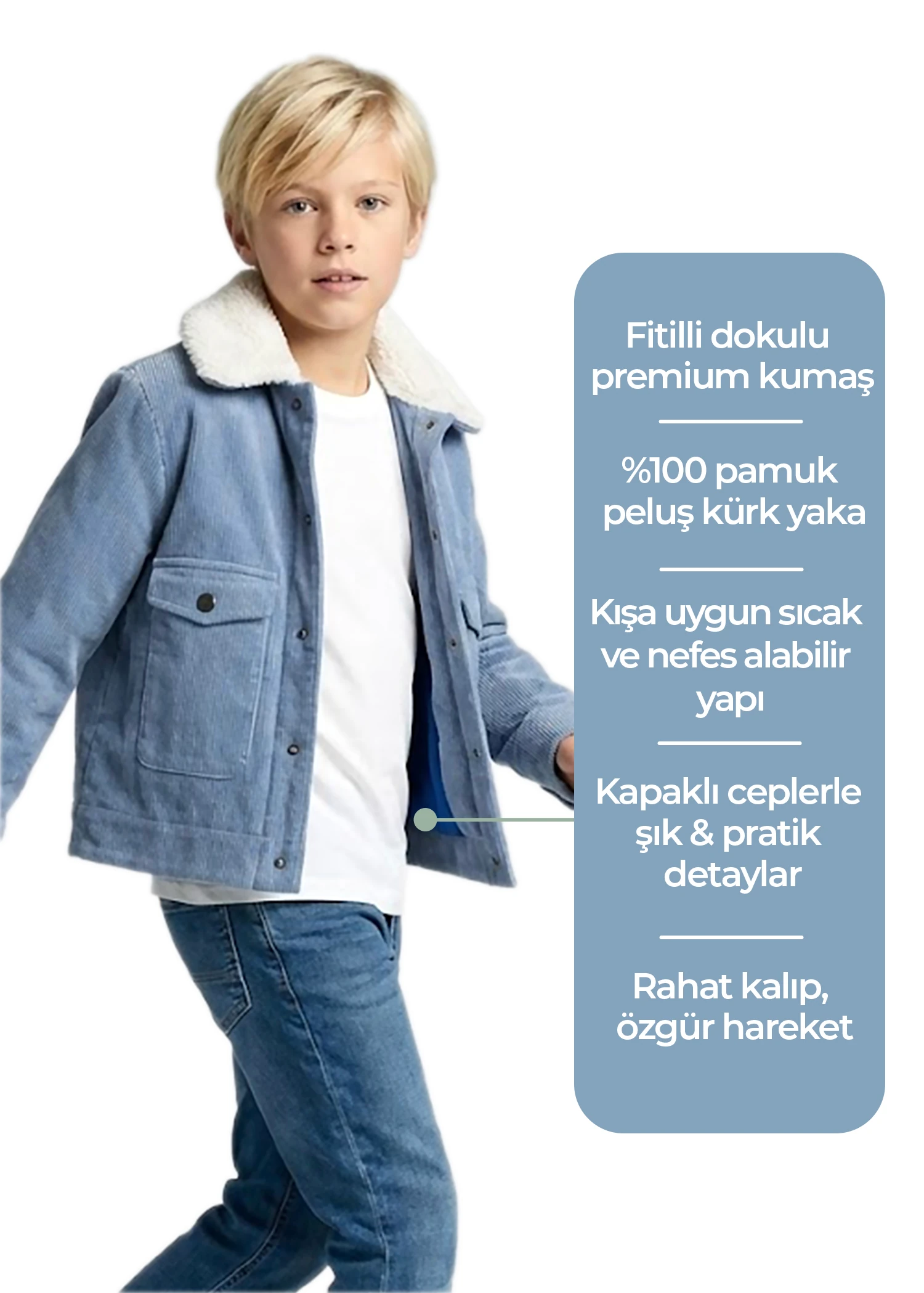 Fitilli Kadife Açık Mavi Spor Kesim Kışlık Erkek Çocuk Ceket