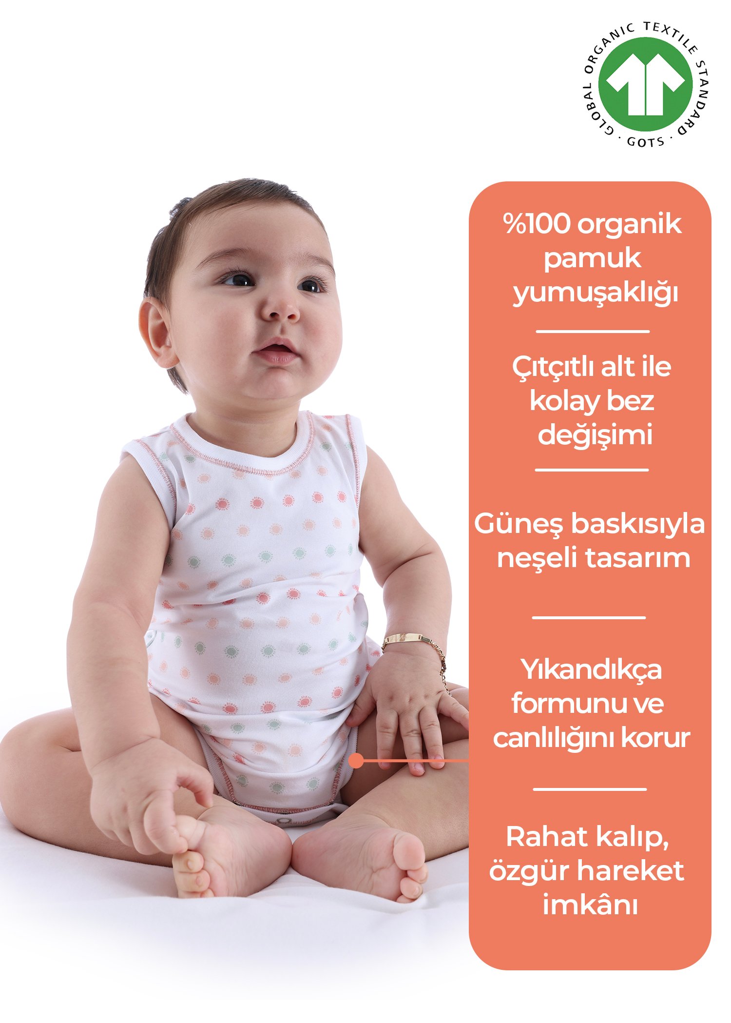 Organik Güneş Desenli Kolsuz Kız Bebek Atlet Body