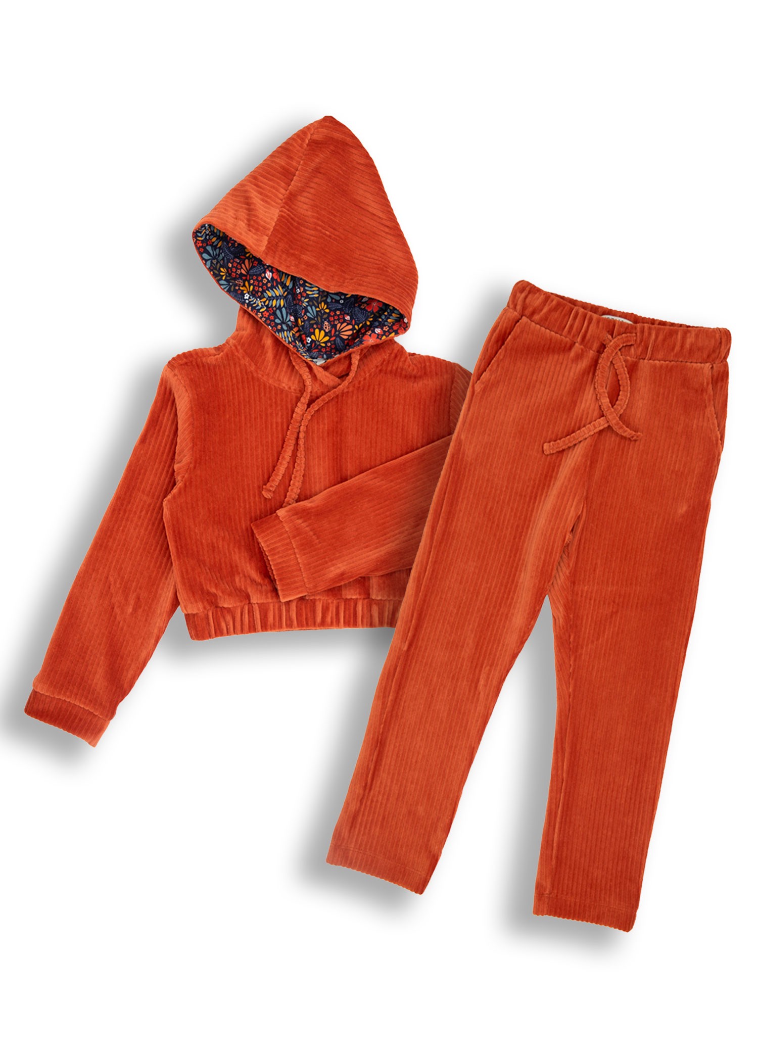 Velvet Hooded Orange Winter Girls Tracksuit Set