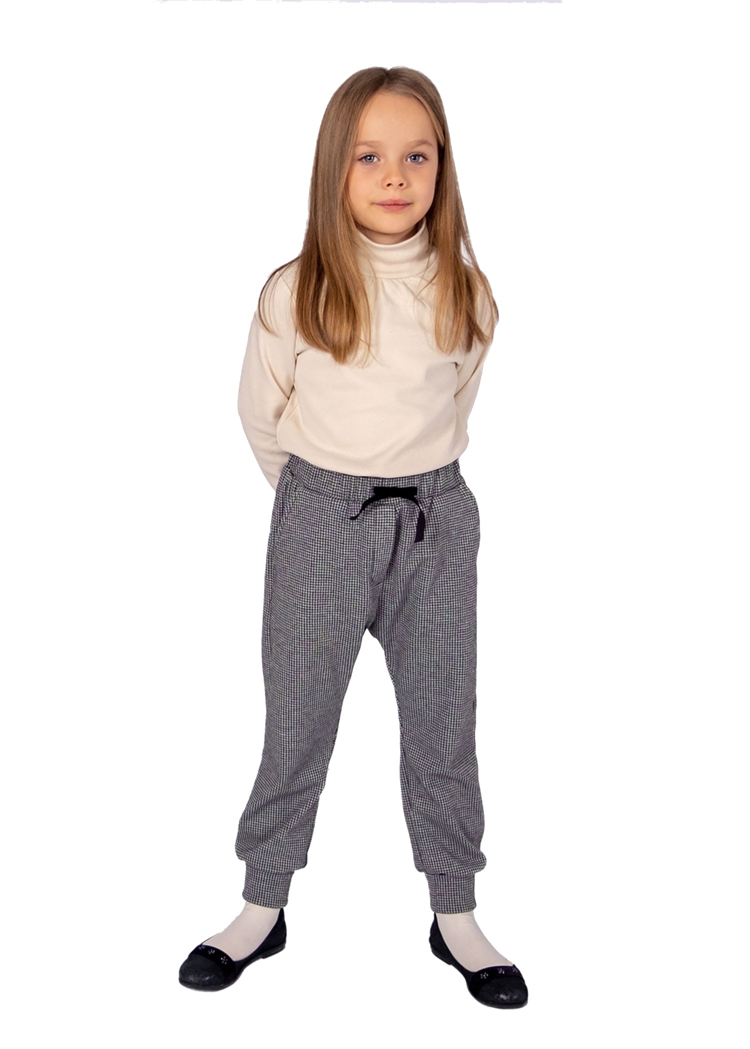 Velvet Piping Gray Gingham Winter Girls' Trousers