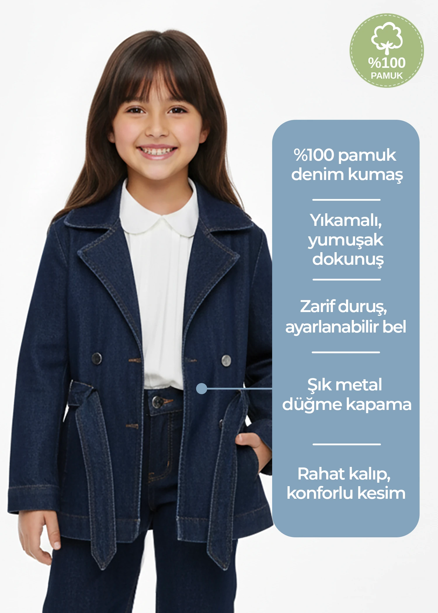 %100 Pamuk Mavi Denim Baharlık Kız Çocuk Ceket