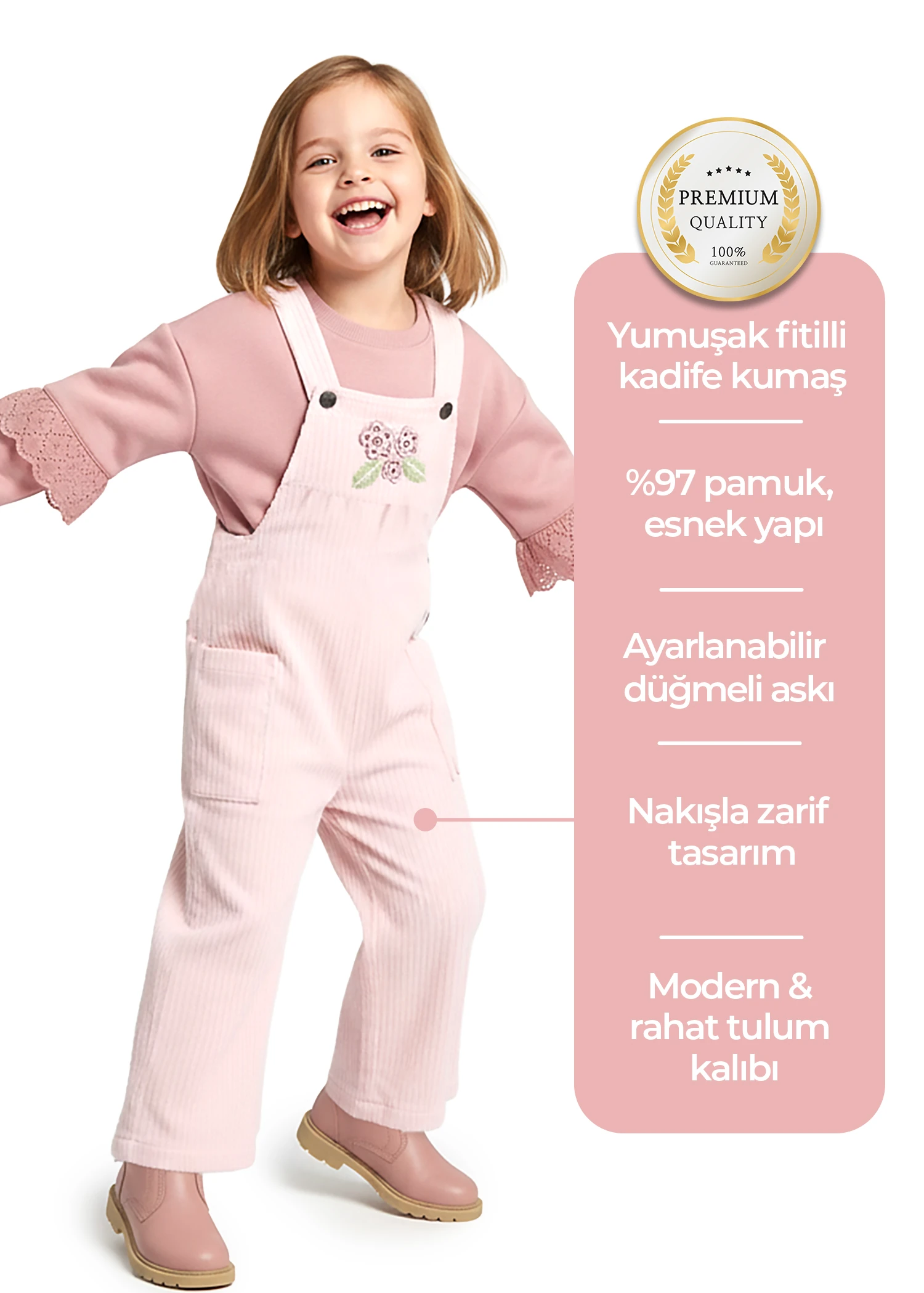 Kadife Askılı Nakışlı Açık Pembe Kışlık Minik Kız Tulum