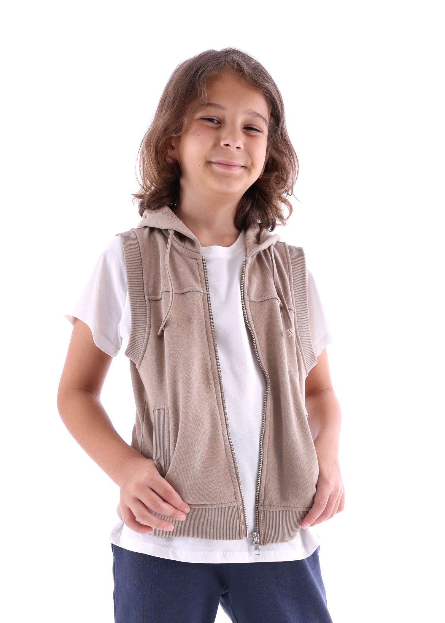 Organic Hooded Sleeveless Light Brown Winter Boys' Sports Vest