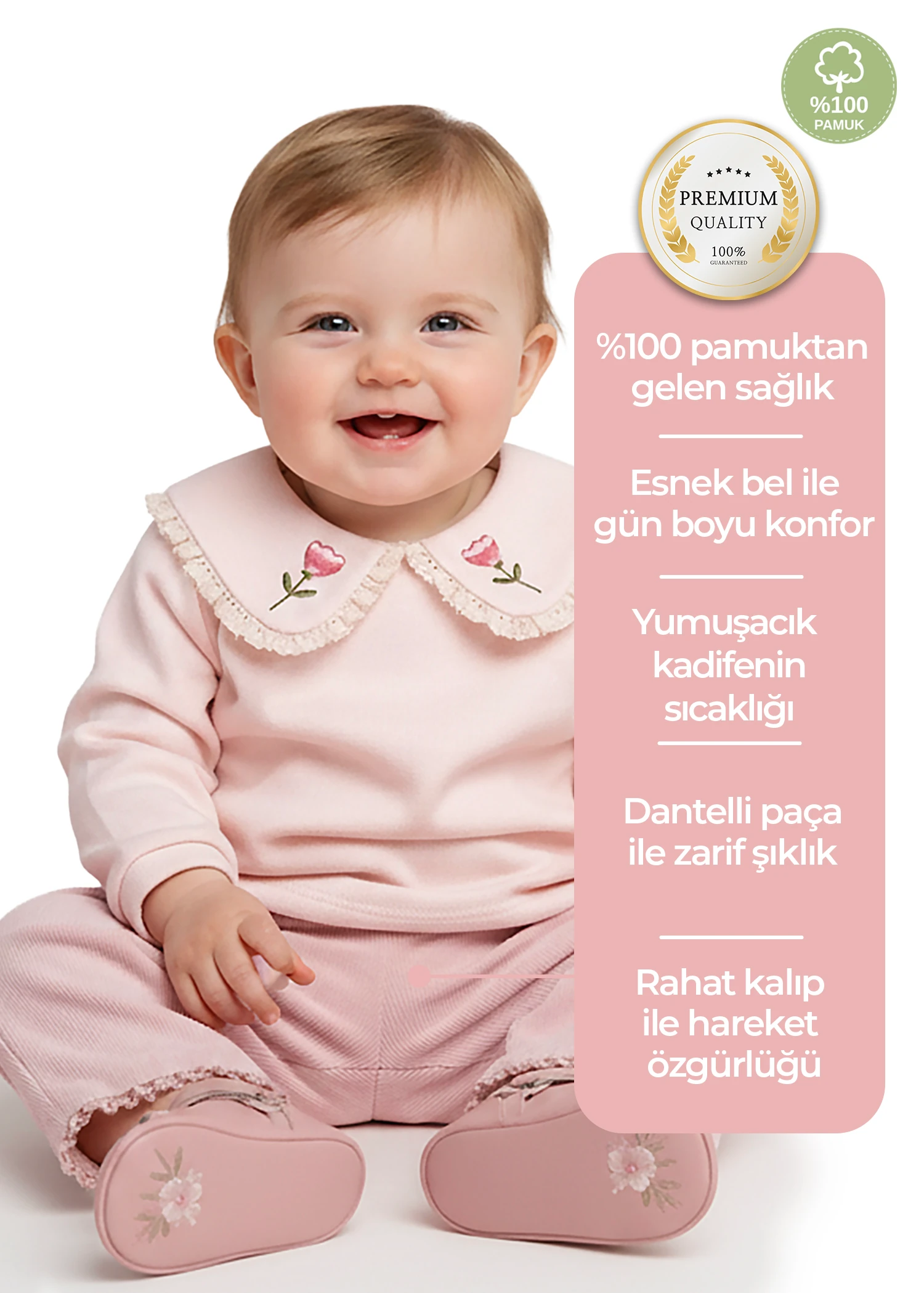 Kadife Dantelli Paça Gül Kurusu Kışlık Kız Bebek Pantolon