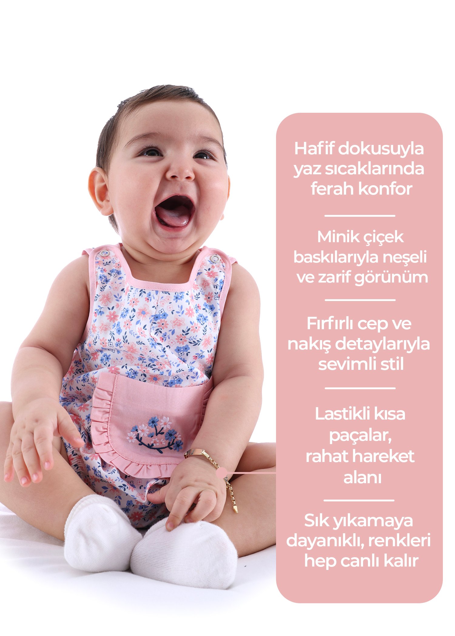 Nakış İşlemeli Pembe Çiçekli Kolsuz Yazlık Kız Bebek Tulum