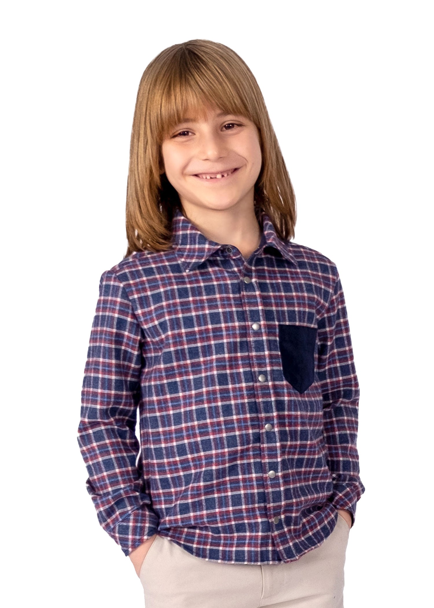 Cotton Gingham Plaid Winter Boys Shirt Navy Blue