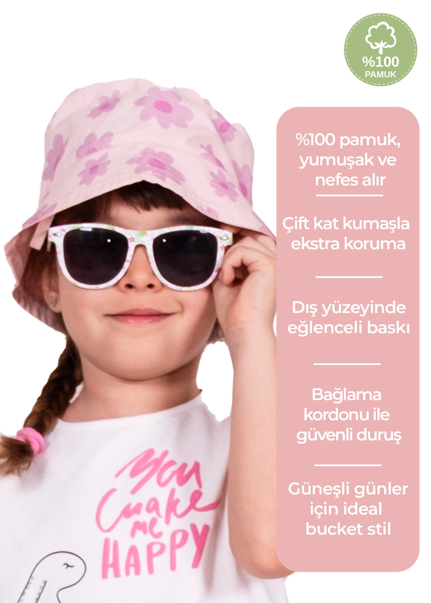 %100 Pamuk Pembe Çiçekli Yazlık Kız Çocuk Bucket Şapka