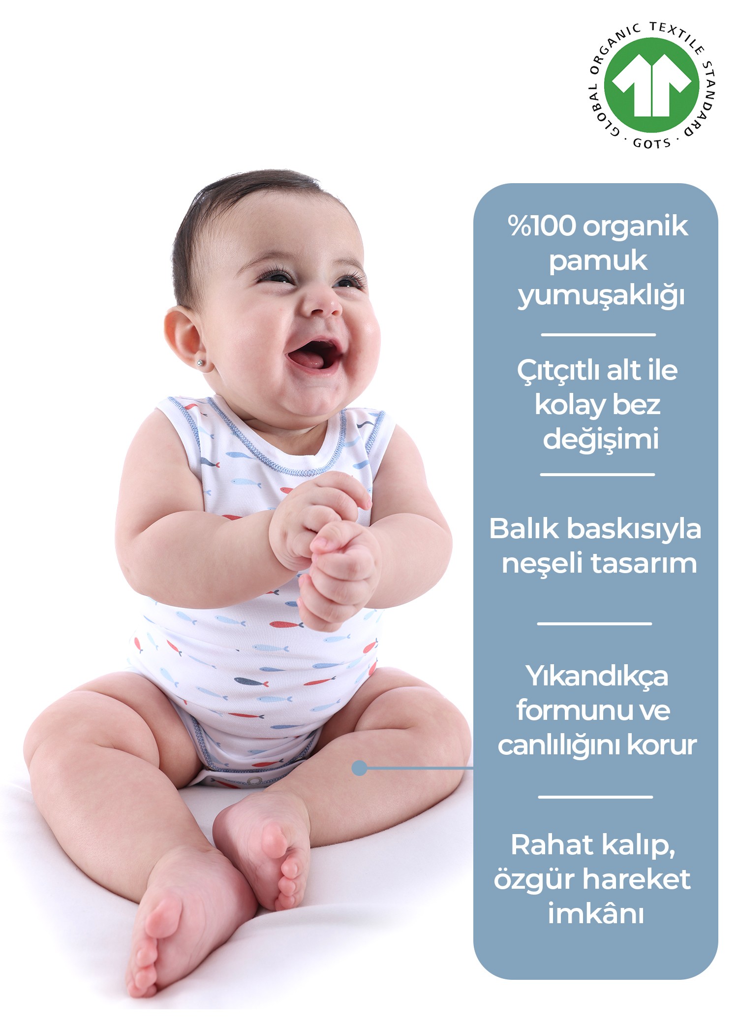 Organik Balık Desenli Kolsuz Erkek Bebek Atlet Body
