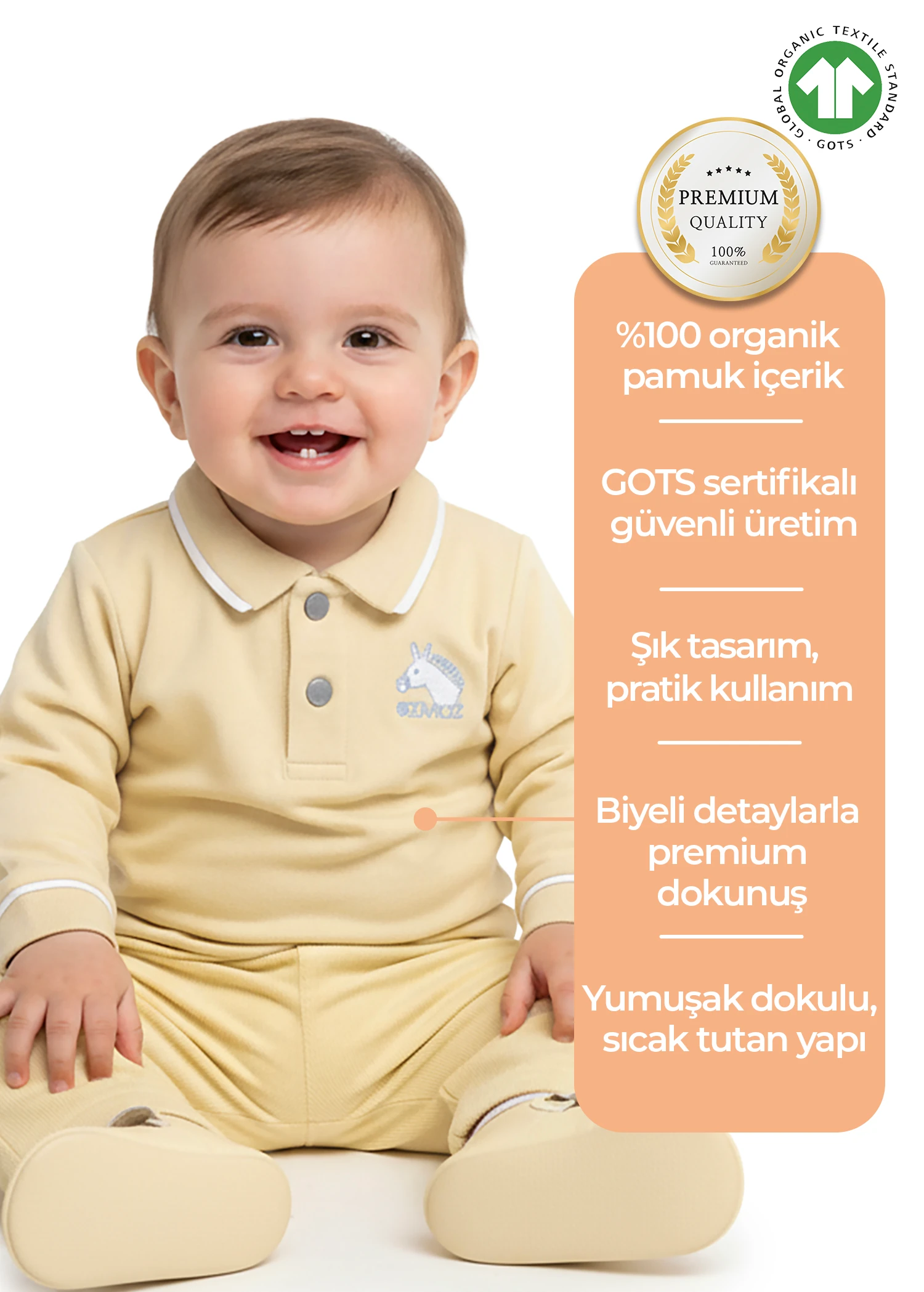 Organik Polo Yaka Tatlı Hardal Kışlık Erkek Bebek Üst