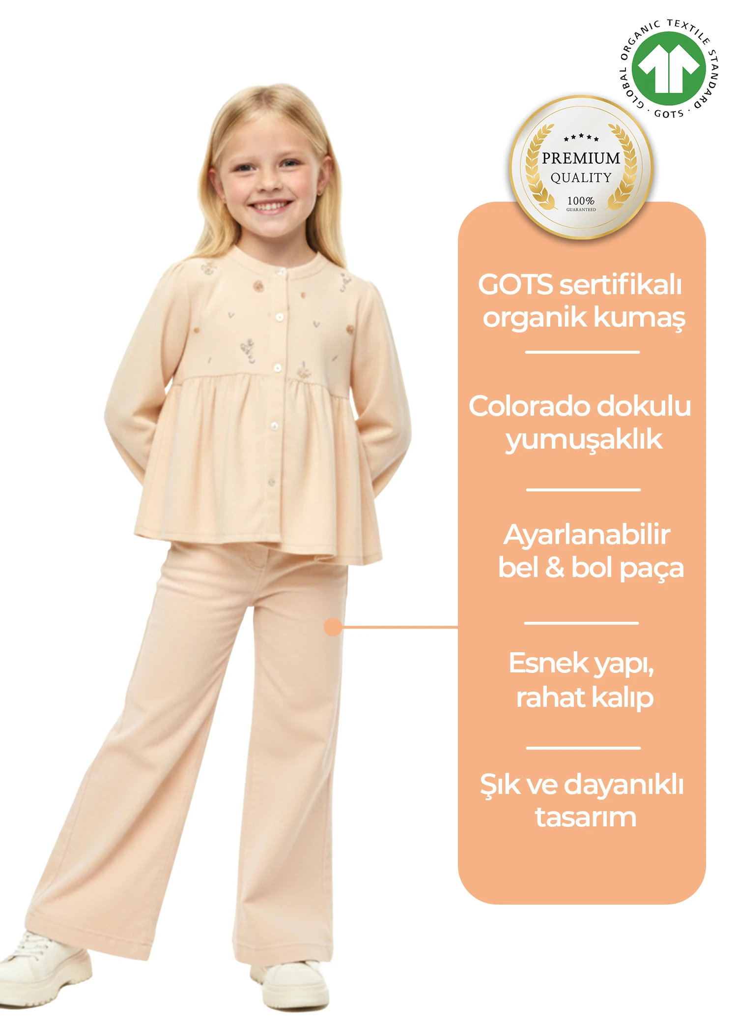 Organik Colorado Yavruağzı Bol Paça Kışlık Kız Çocuk Pantolon