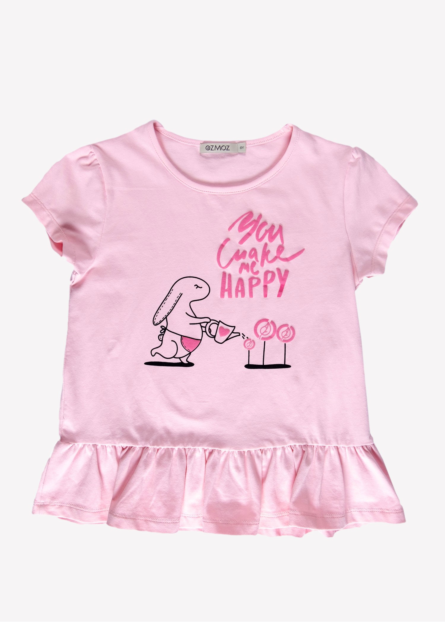 Cotton Embossed Printed Flounce Pink Summer Baby Girl Tshirt