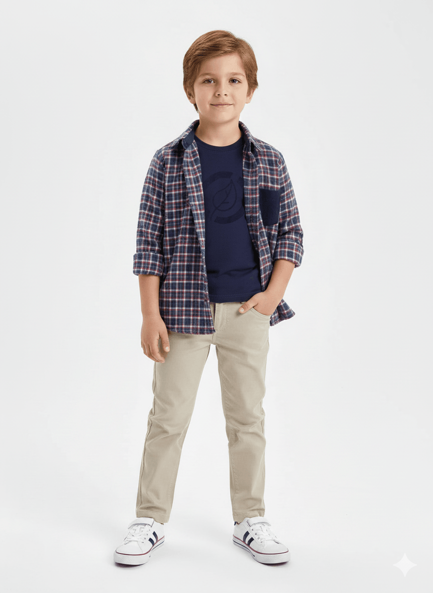 Cotton Gingham Plaid Winter Boys' Shirt Navy Blue