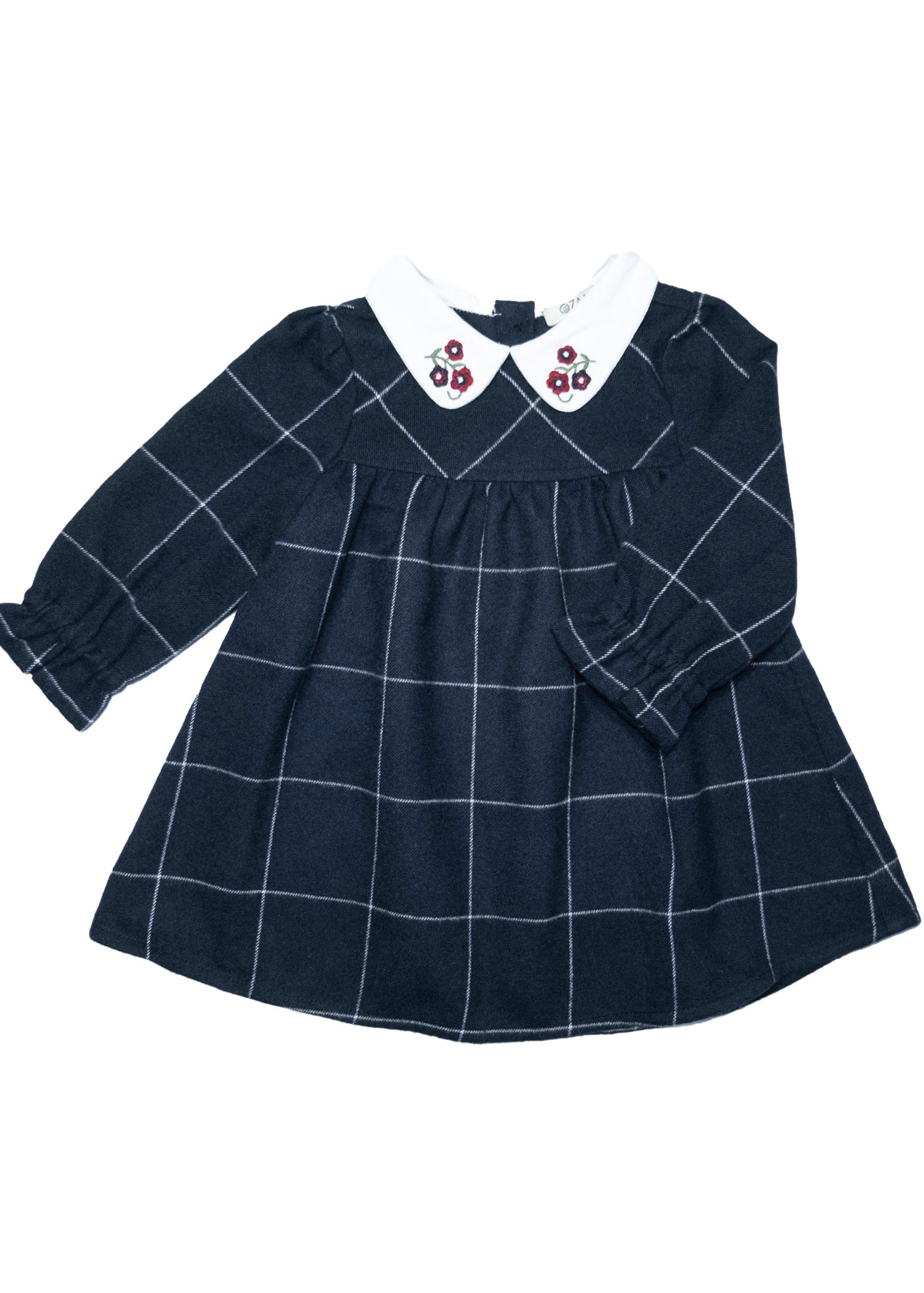 Navy Blue Plaid Winter Baby Girl Dress with Embroidered Collar