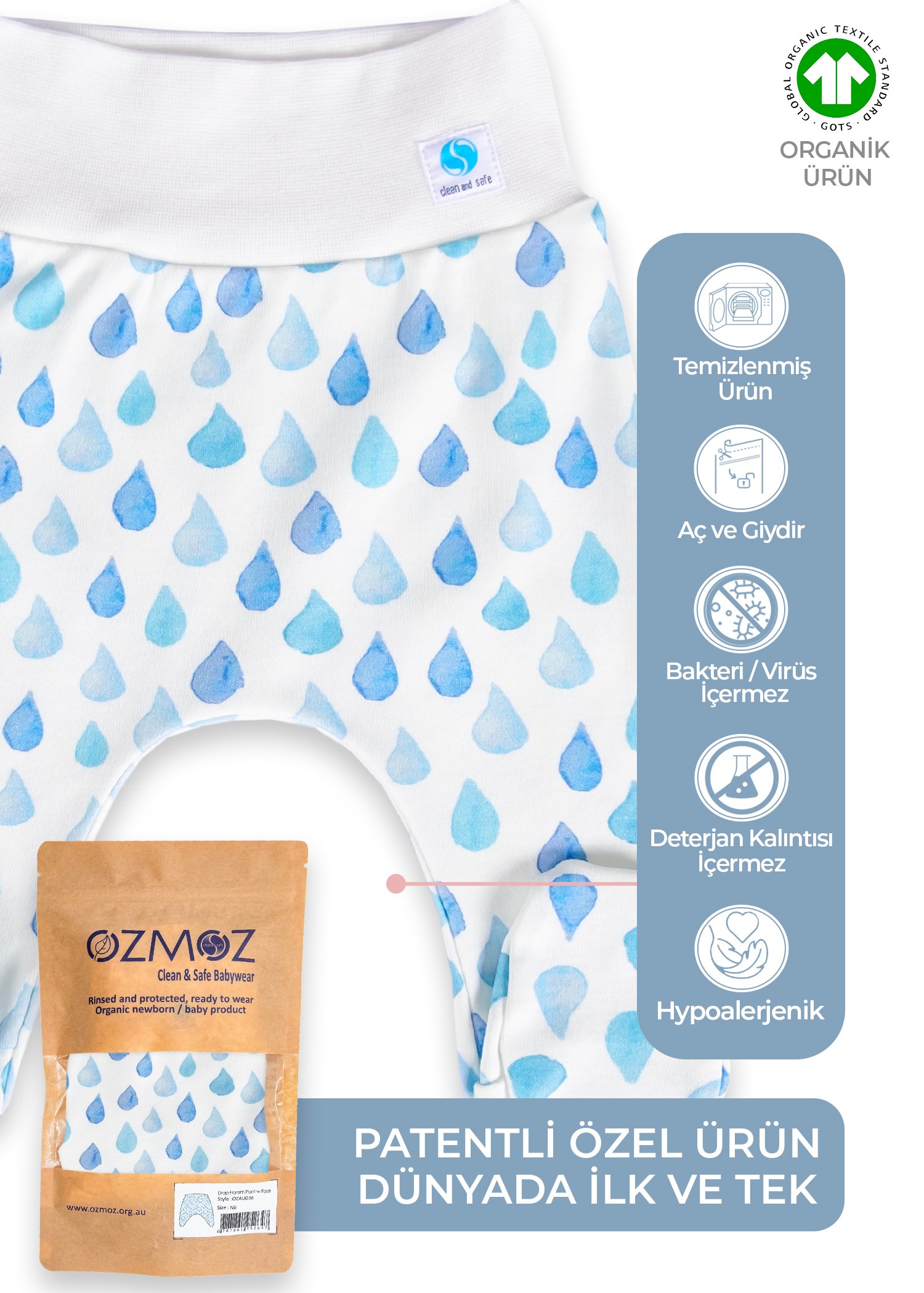 Clean&Safe Organik Steril Temizlenmiş Erkek Bebek Patikli Alt