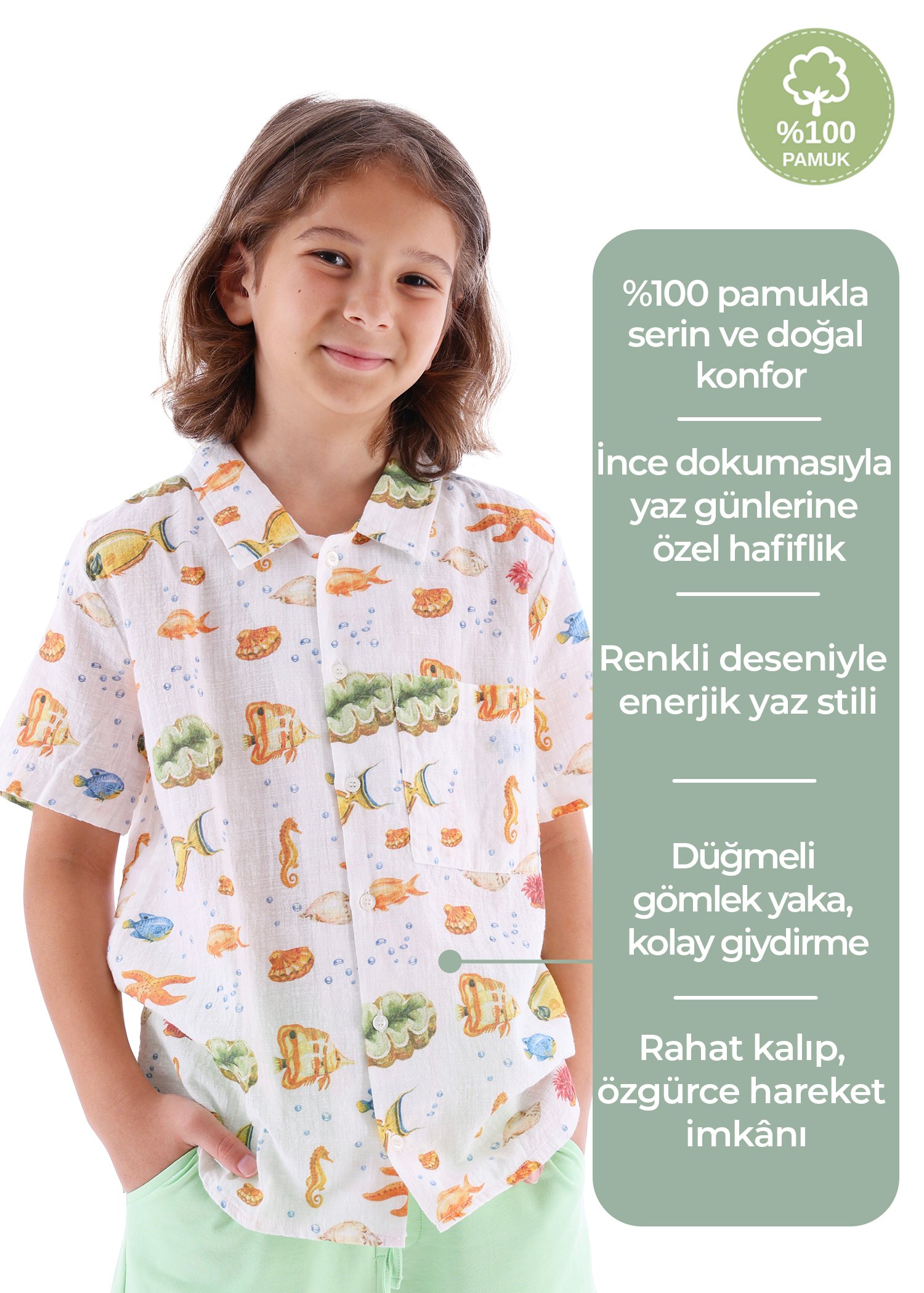 %100 Pamuk Desenli Yazlık Erkek Çocuk Gömlek