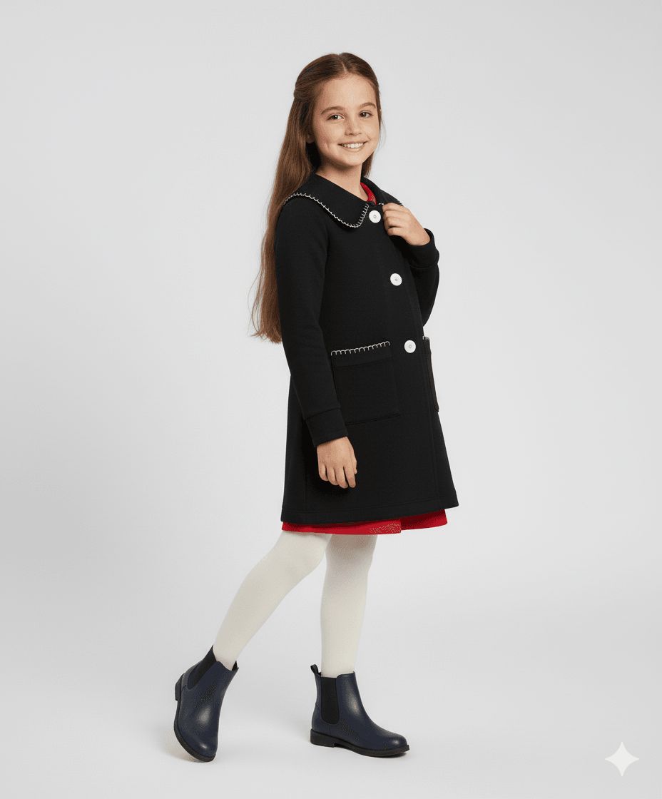 Knitted Fabric Black Winter Girls Coat
