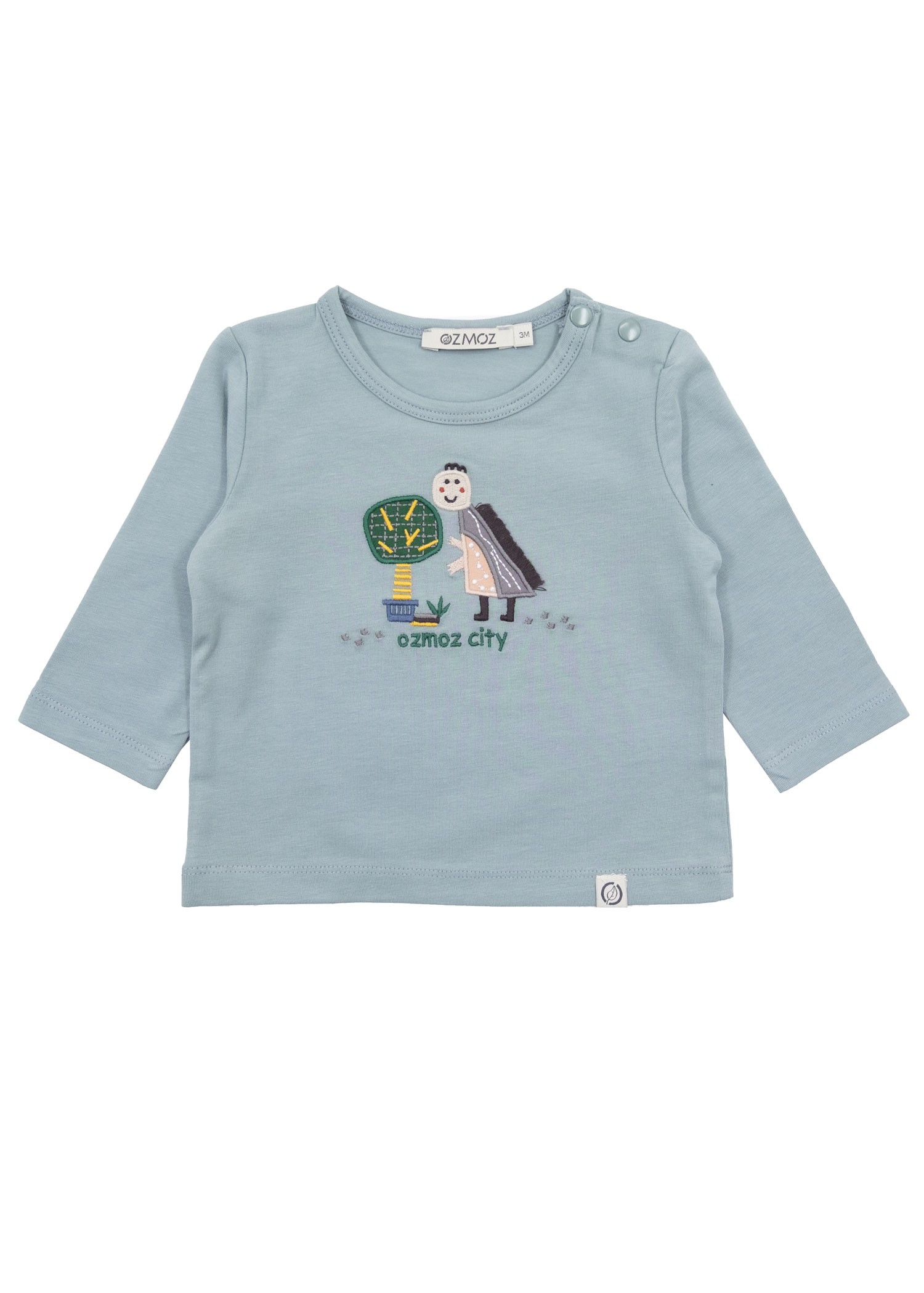 Organic Dino Embroidered Blue Spring Long Sleeve Baby Boy Top