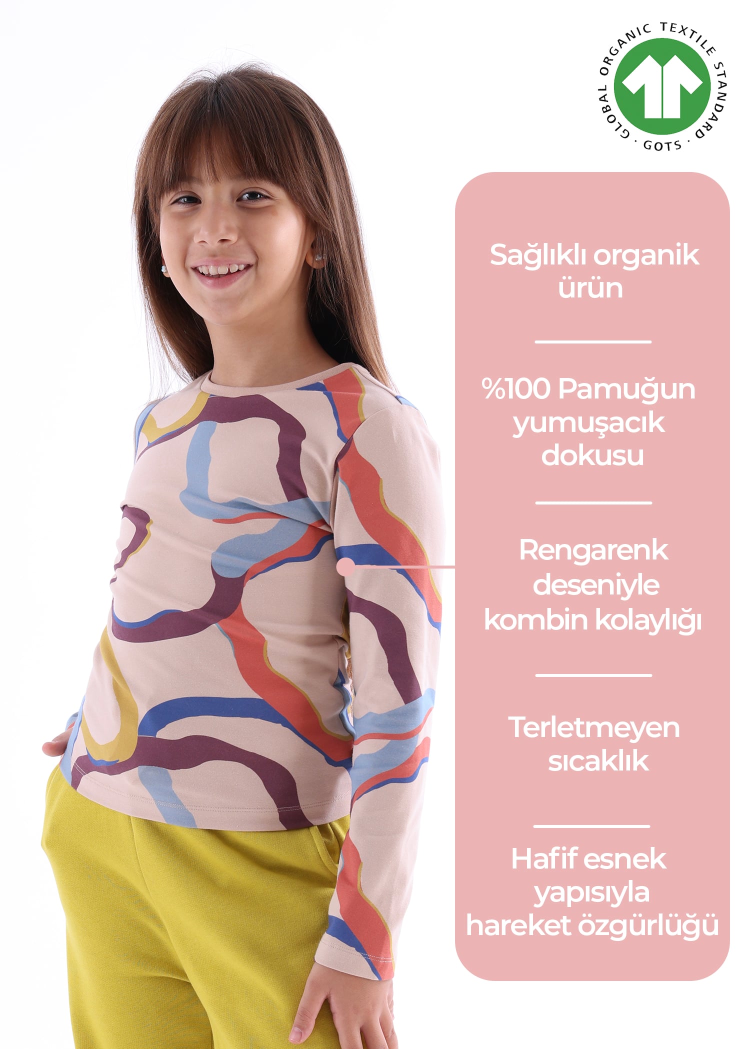 Organik Renk Şerit Baskılı Baharlık Kız Çocuk Sweatshirt
