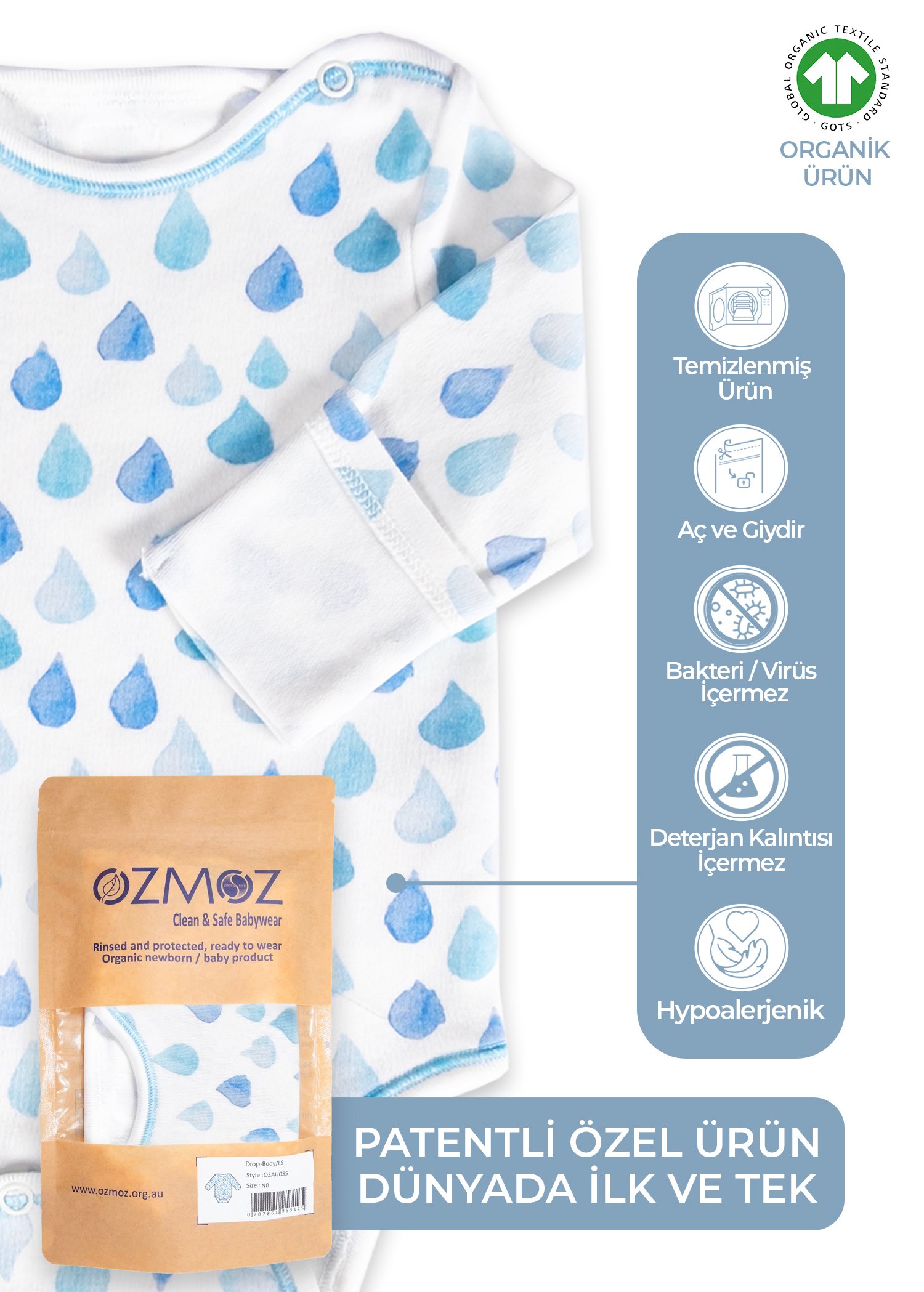 Clean&Safe Organik Steril Temizlenmiş Erkek Bebek Body
