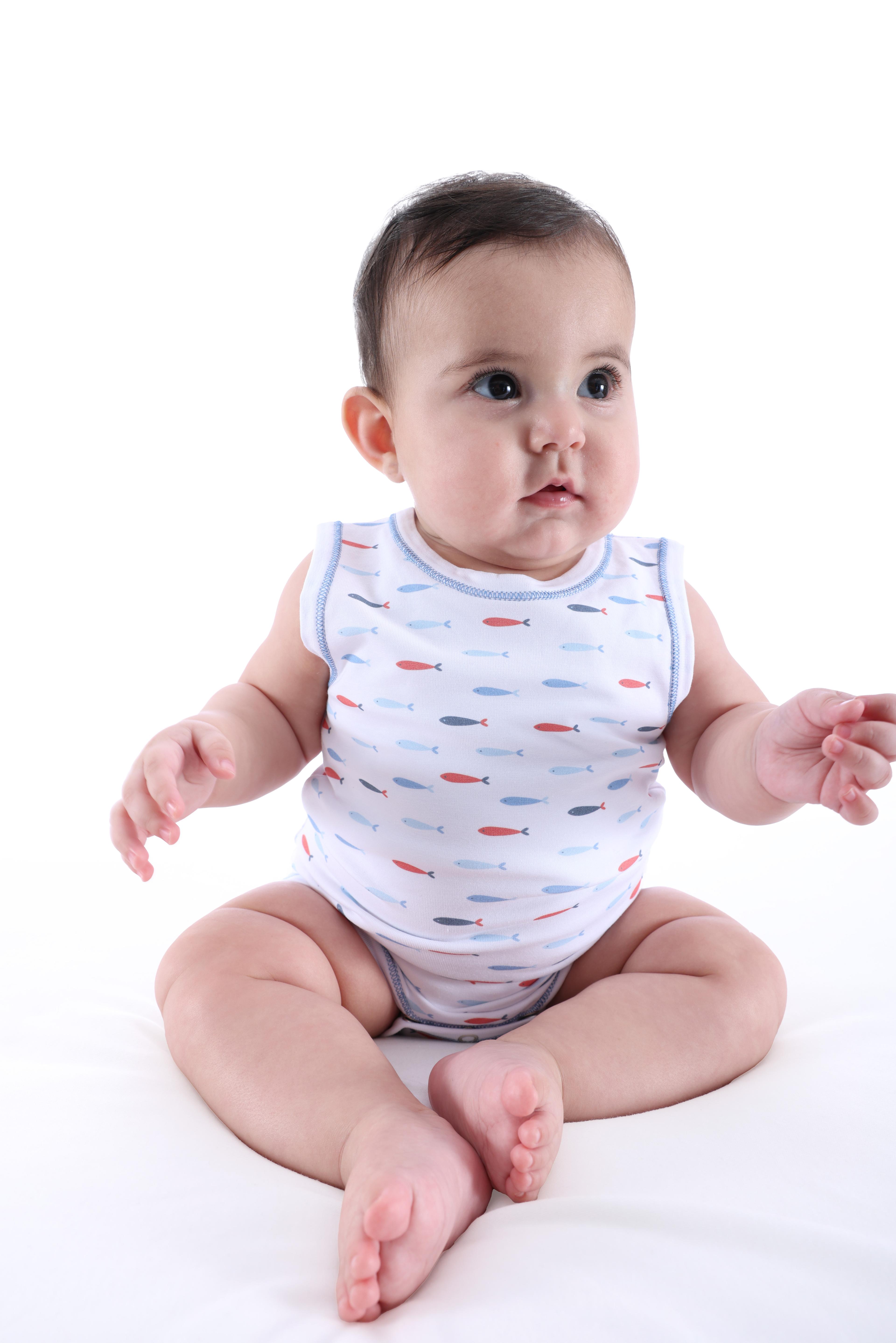 Organik Balık Desenli Kolsuz Erkek Bebek Atlet Body