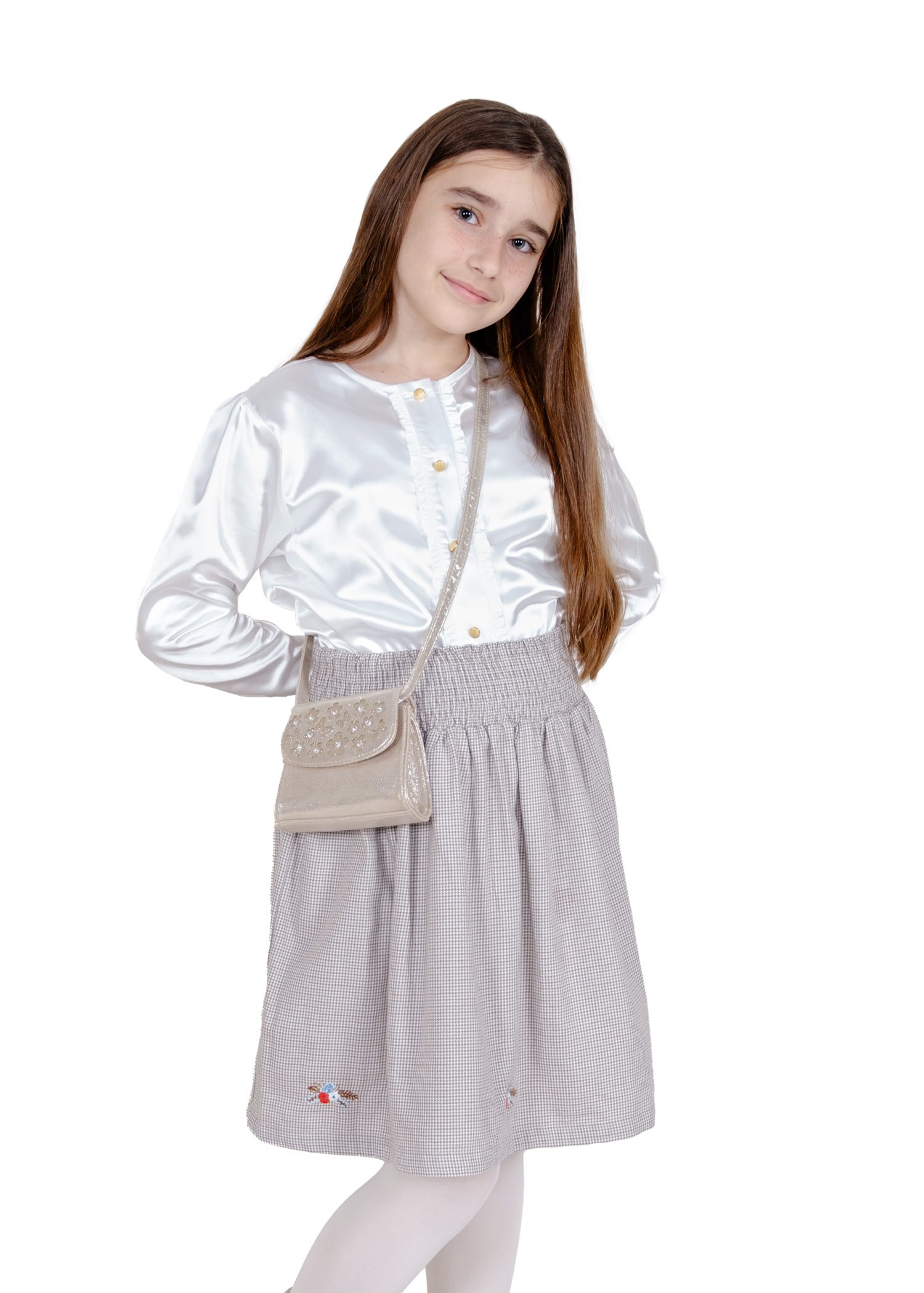 Embroidered Plaid Light Brown Spring Girl Skirt