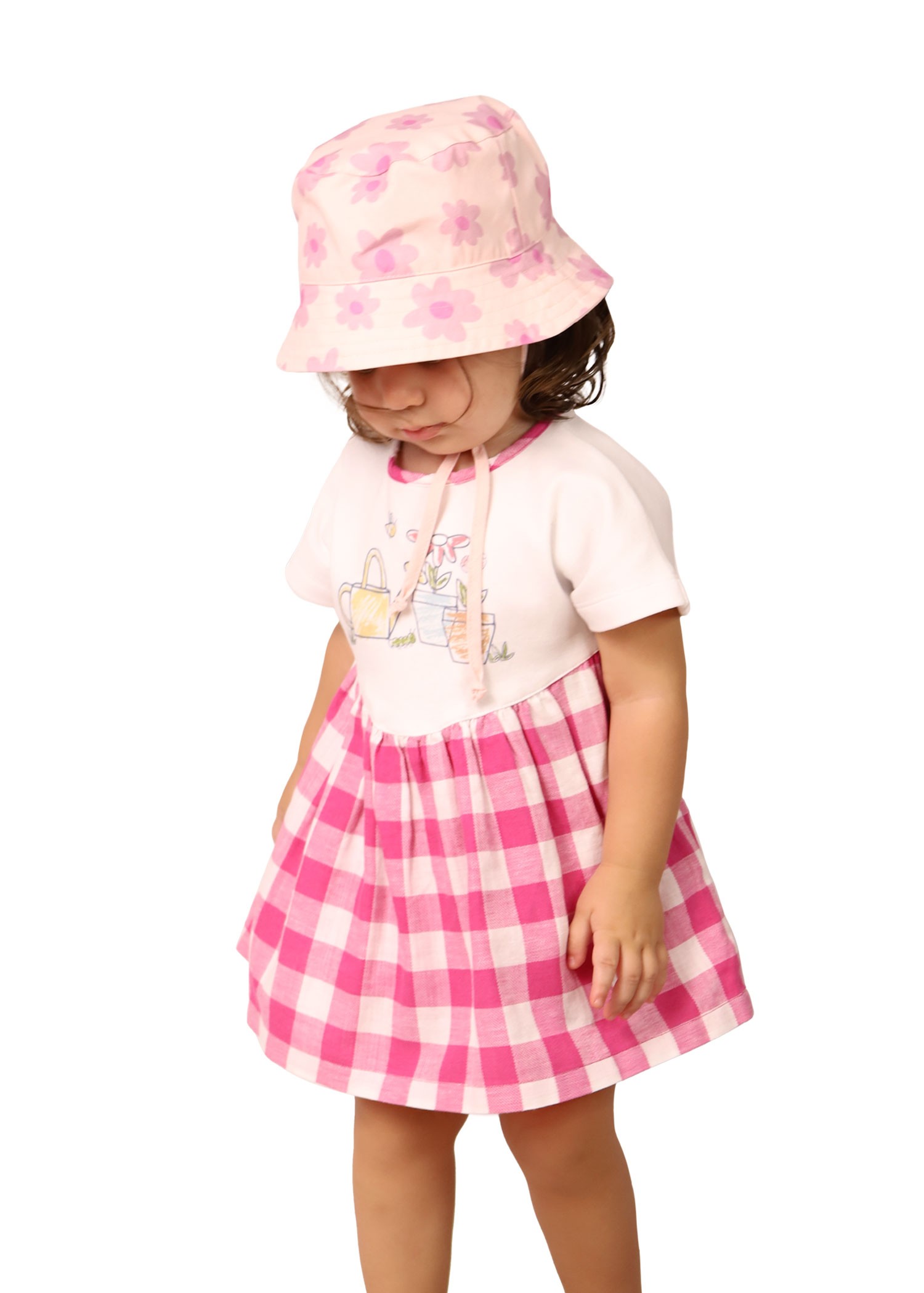 White Summer Baby Girl Dress with Short Sleeve Pink Plaid Skirt