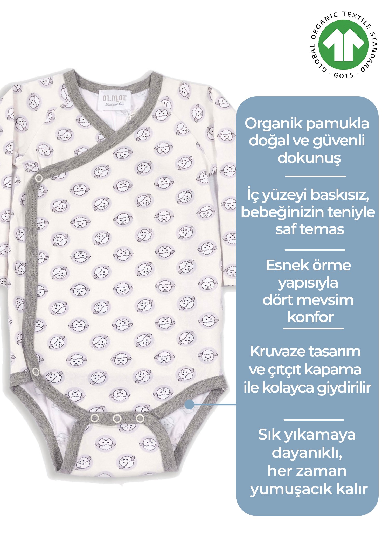 Organik Kuzu Baskılı Kruvaze Unisex Bebek Body