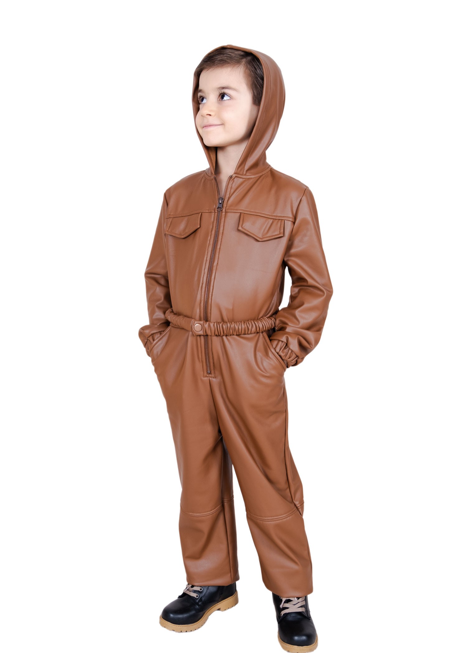 Velvet Lined Faux Leather Hooded Winter Boy's Jumpsuit