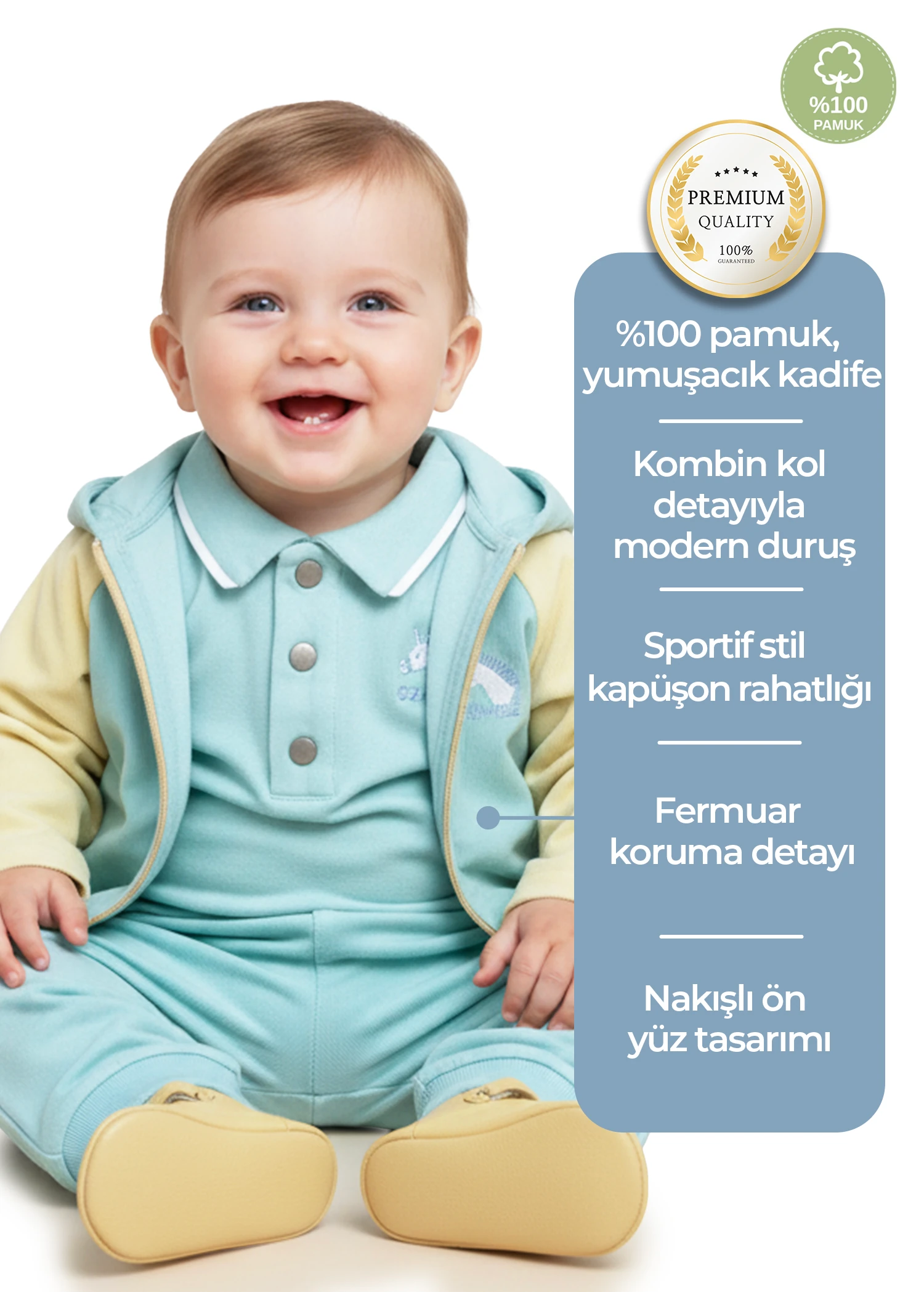 Kadife Kapüşonlu Nakışlı Kışlık Erkek Bebek Ceket