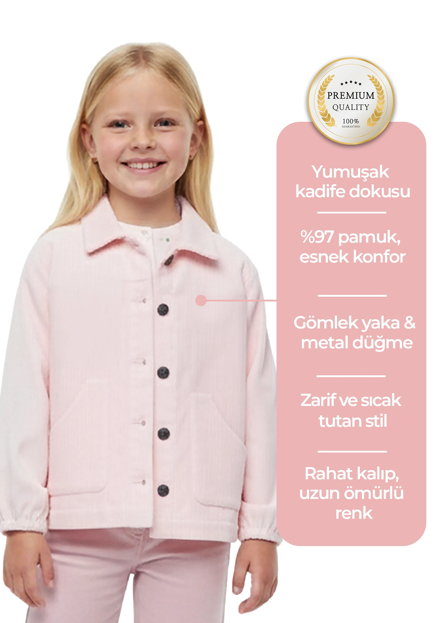 Kadife Klasik Pembe Kışlık Kız Çocuk Ceket