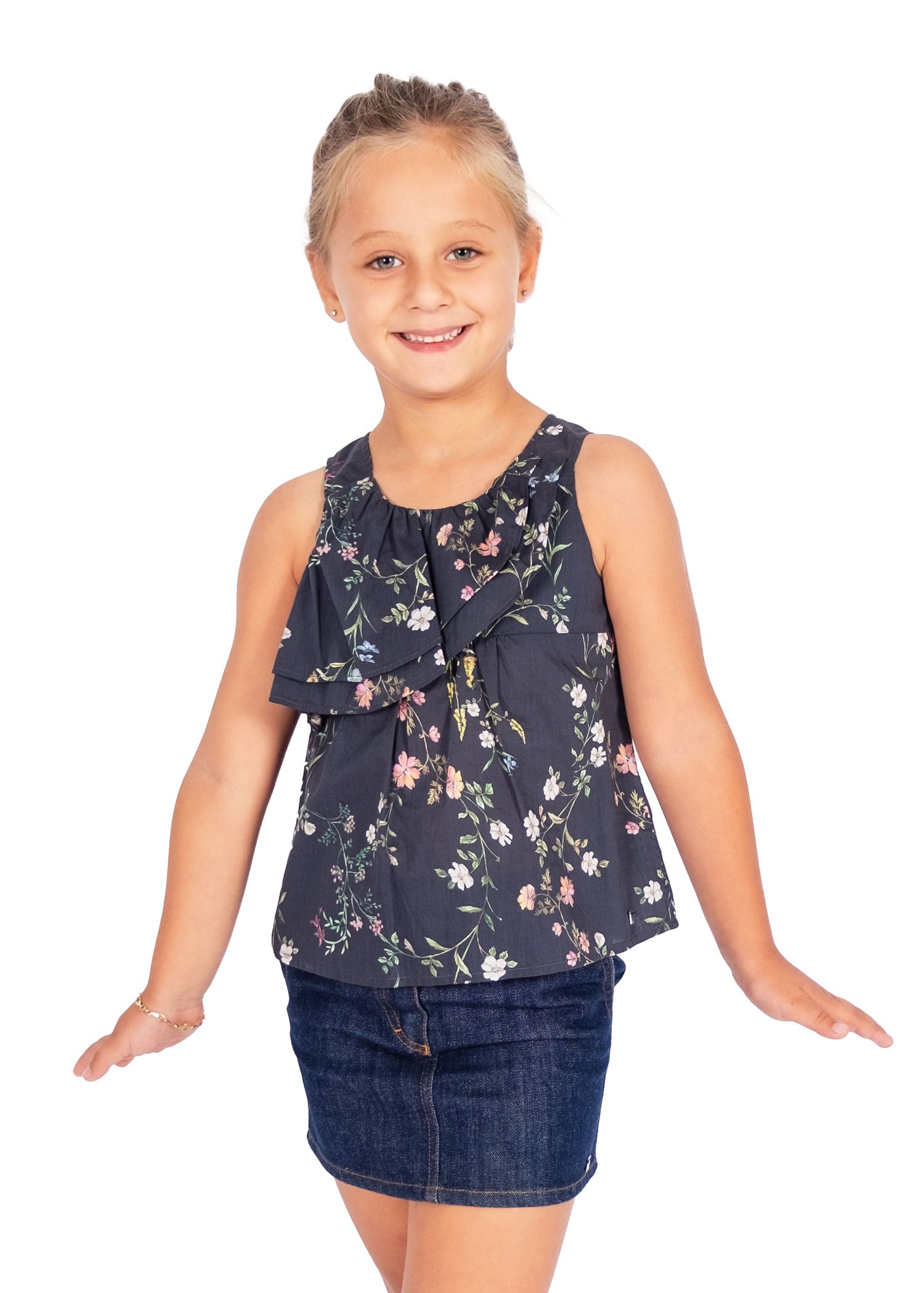 Organic Floral Flounce Navy Blue Summer Little Girl Blouse