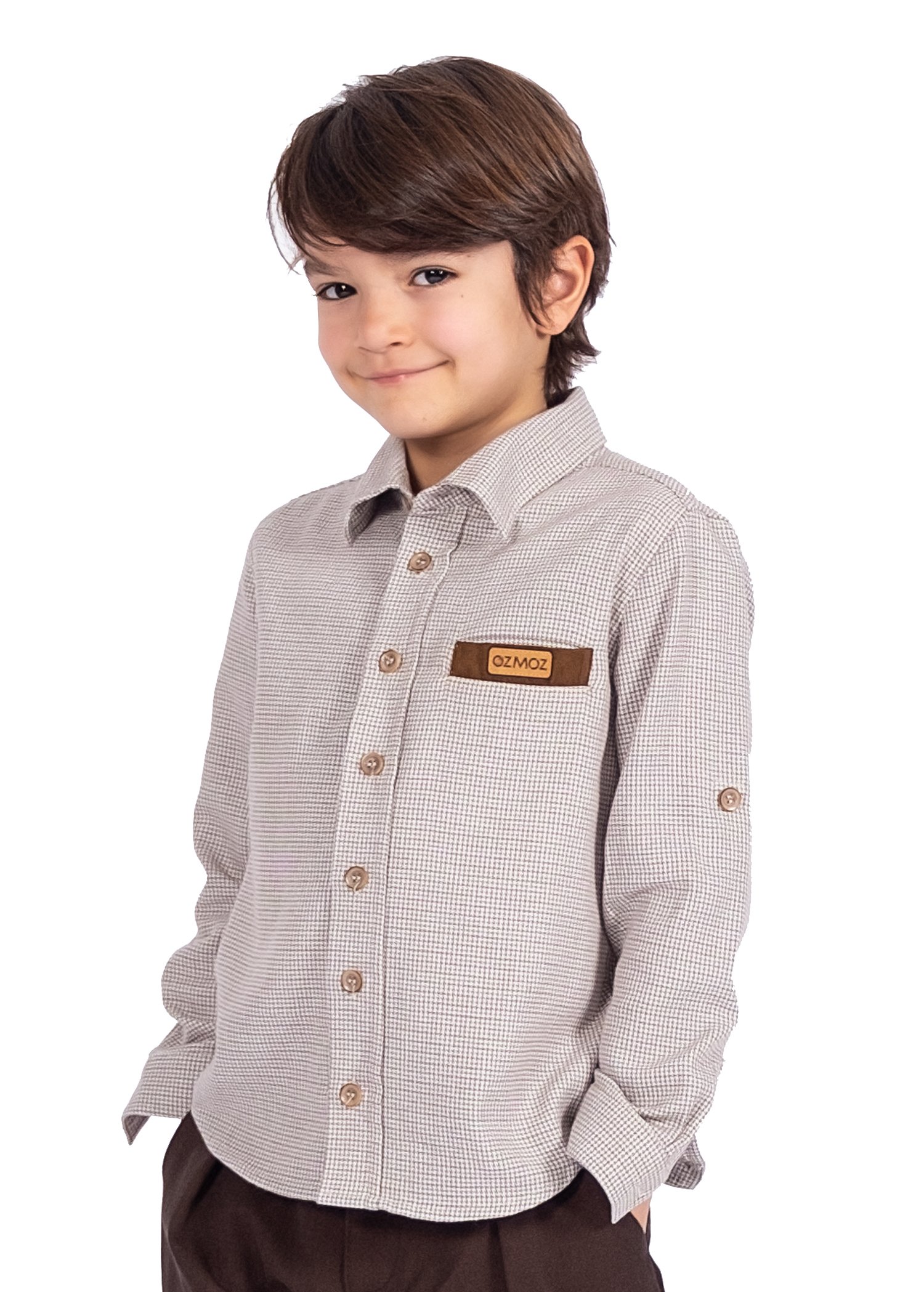 Cotton Gingham Winter Boy's Sporty Shirt Light Brown