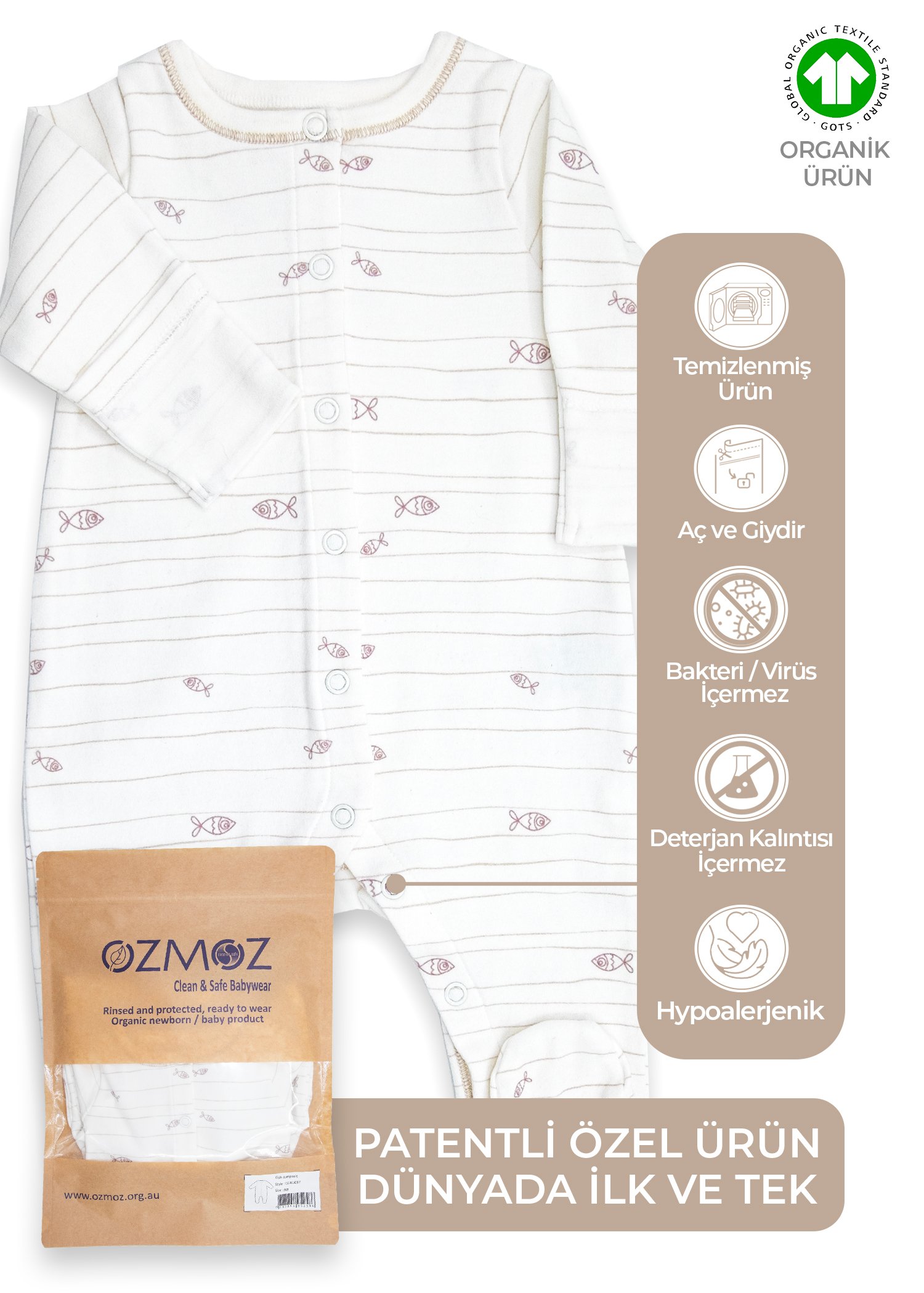 Clean&Safe Organik Steril Temizlenmiş Unisex Bebek Tulum