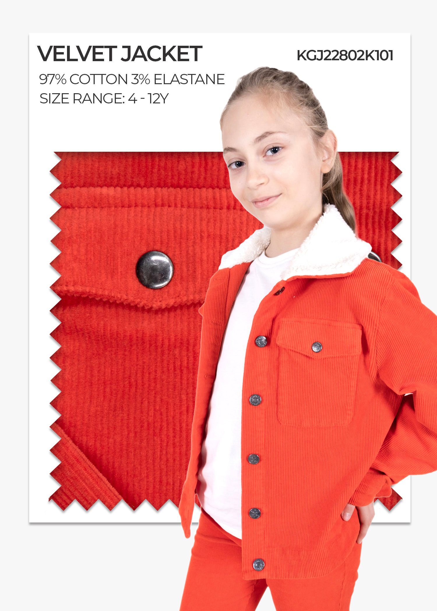 Cotton Corduroy Sports Cut Plush Collar Orange Winter Girls' Coat
