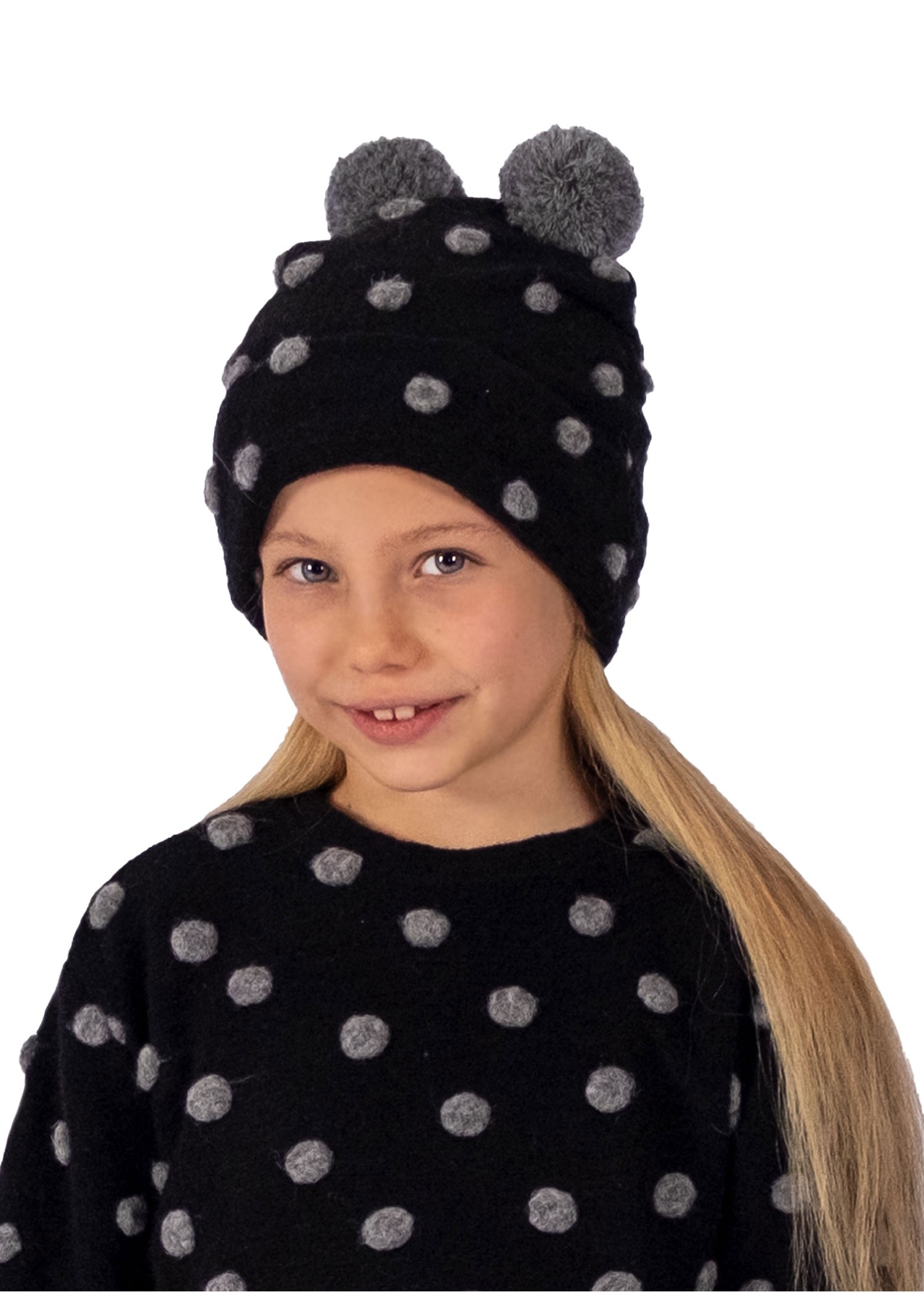 Black Winter Girl's Beret with Pompom