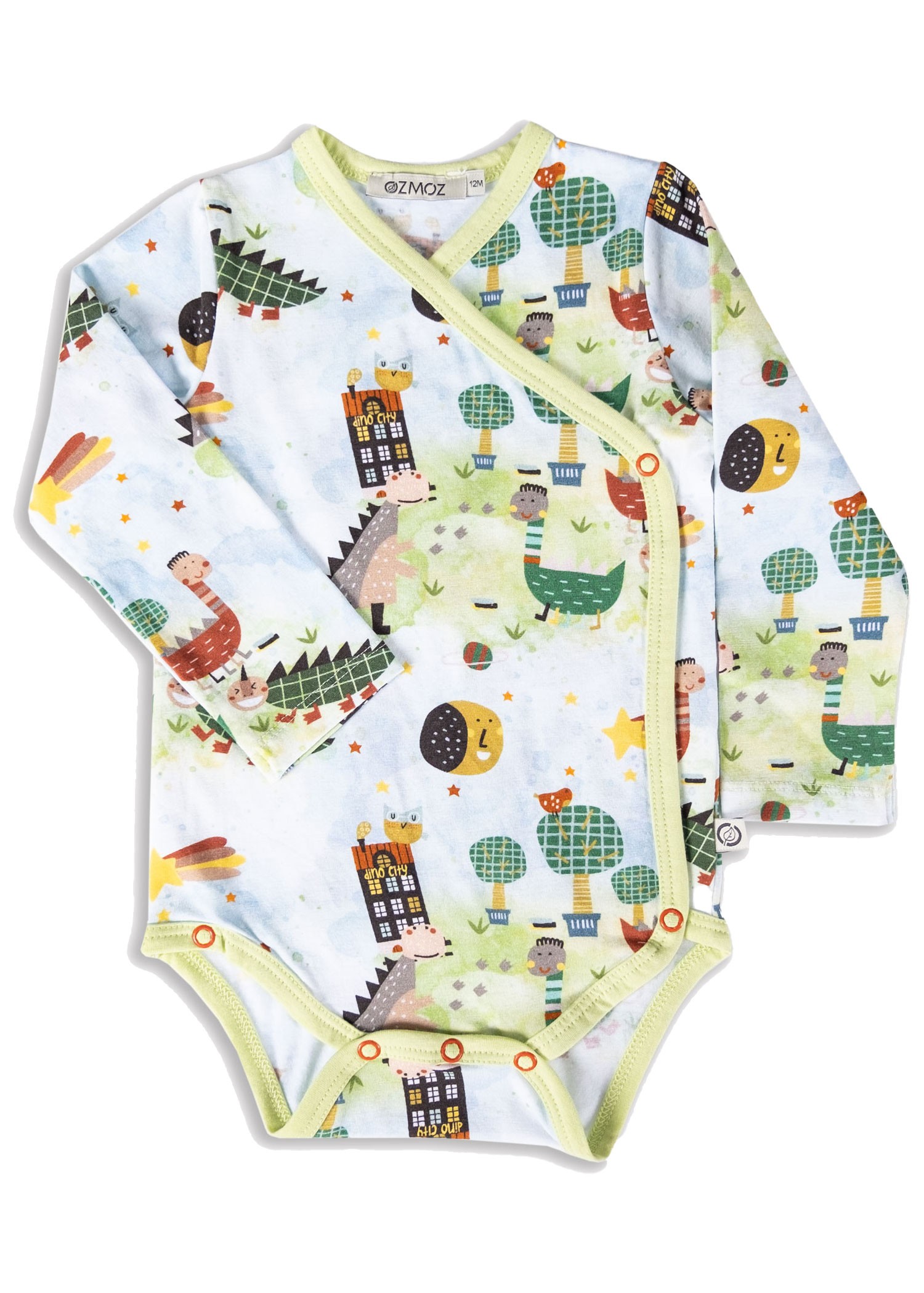 Organik Kruvaze Uzun Kollu Dino Baskılı Unisex Bebek Body