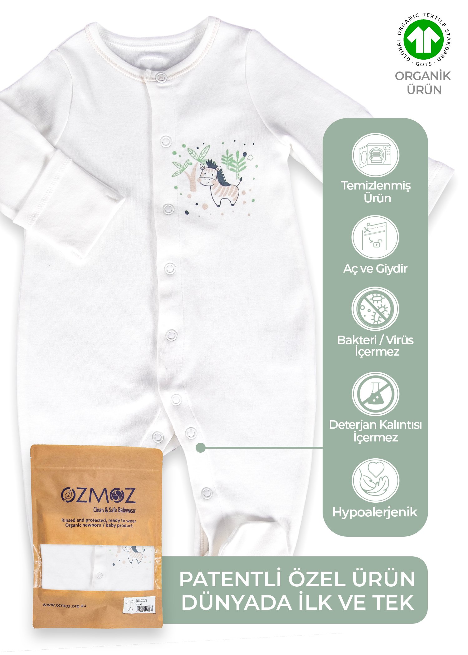 Clean&Safe Organik Steril Temizlenmiş Unisex Bebek Tulum