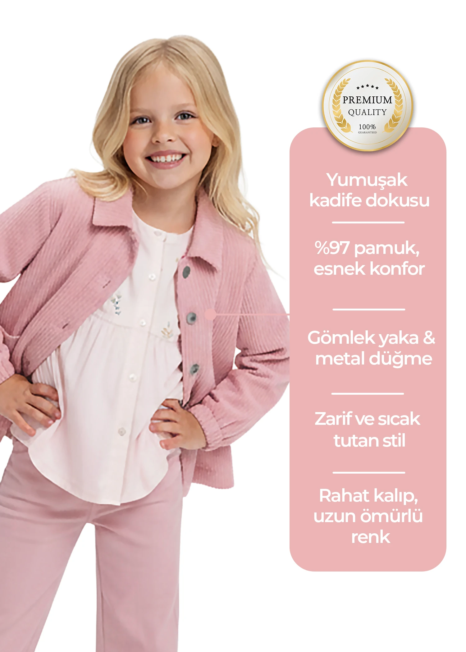 Kadife Klasik Koyu Pembe Kışlık Kız Çocuk Ceket