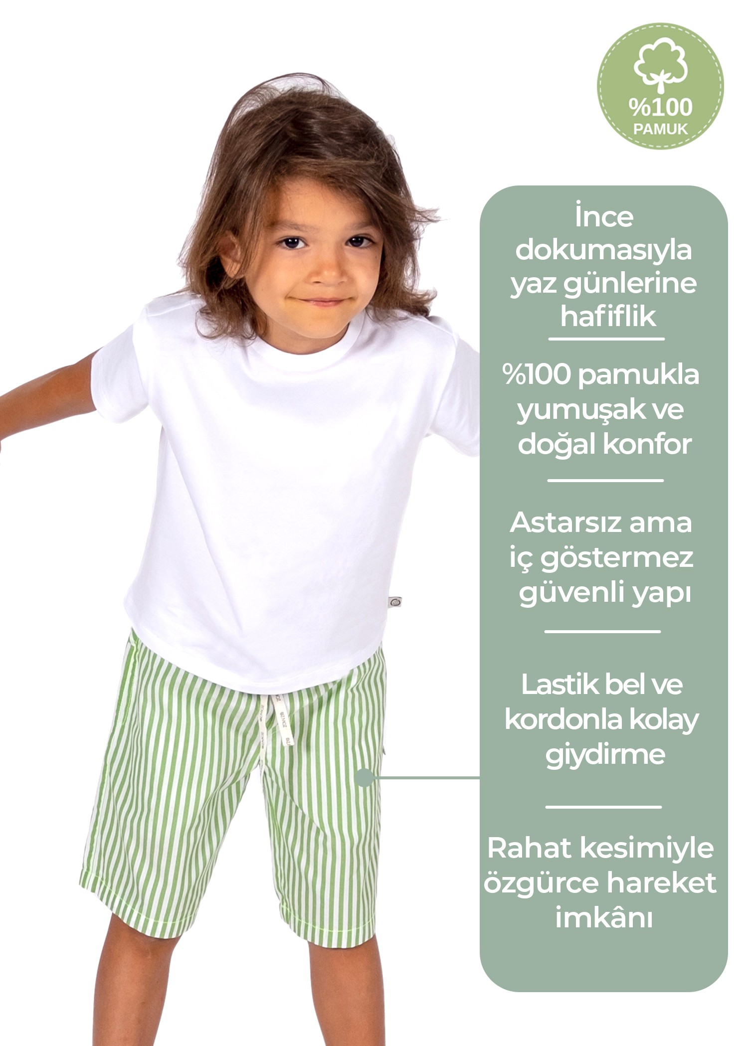 Pamuk Çizgili Yeşil Yazlık Erkek Çocuk Şort