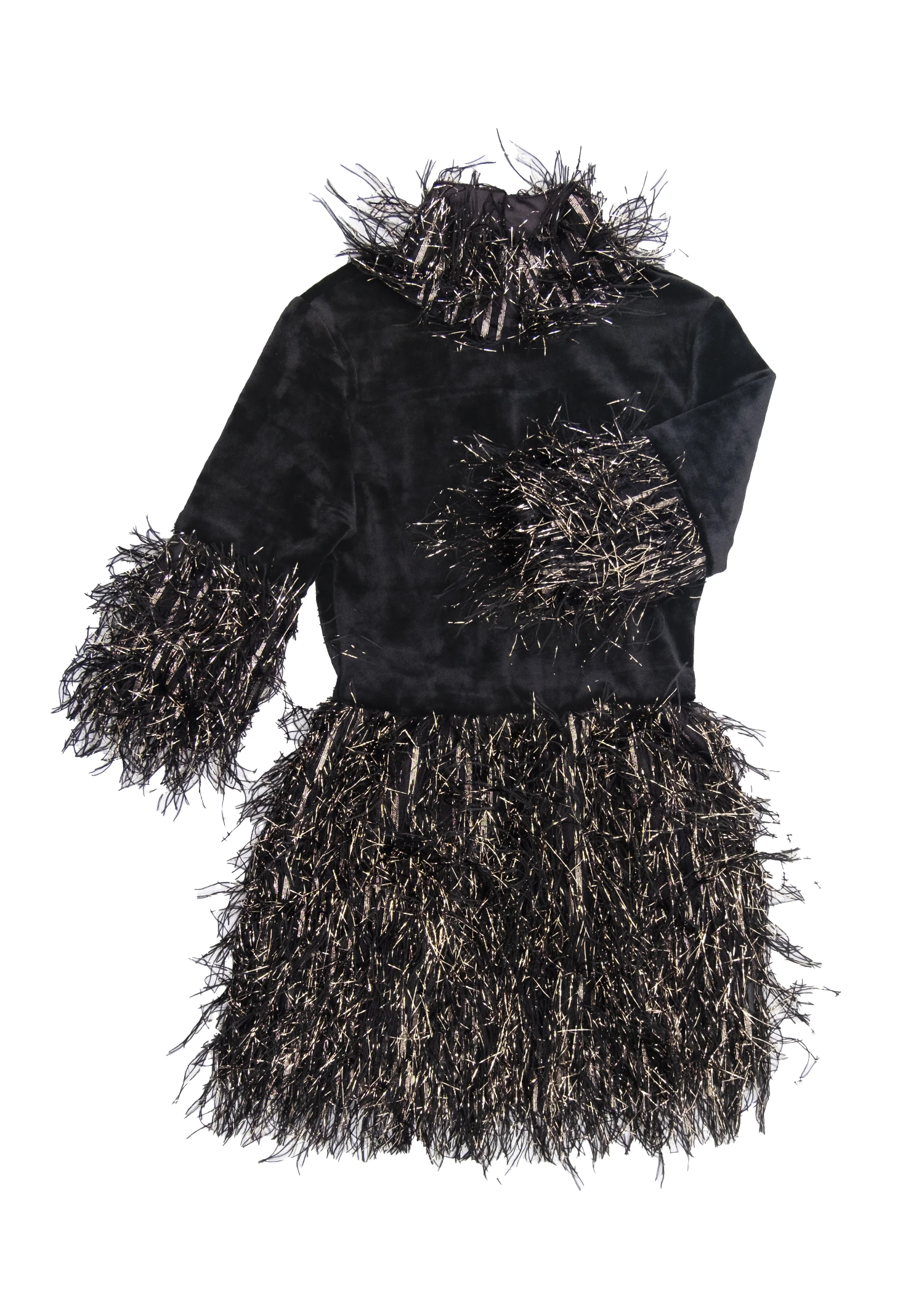 Sim Püsküllü Siyah Kadife Kışlık Kız Çocuk Abiye Parti Elbisesi