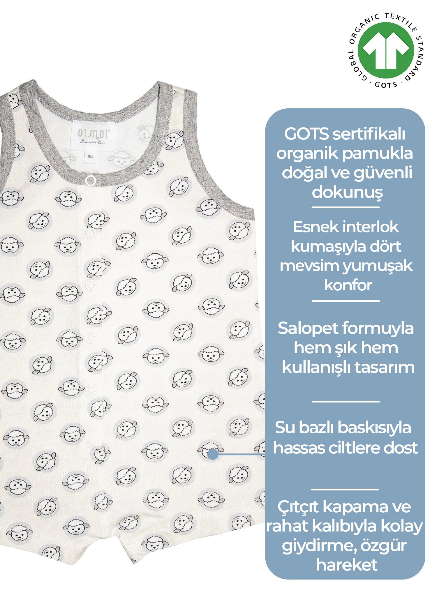 Organik Kuzu Baskılı Unisex Bebek Tulum & Salopet