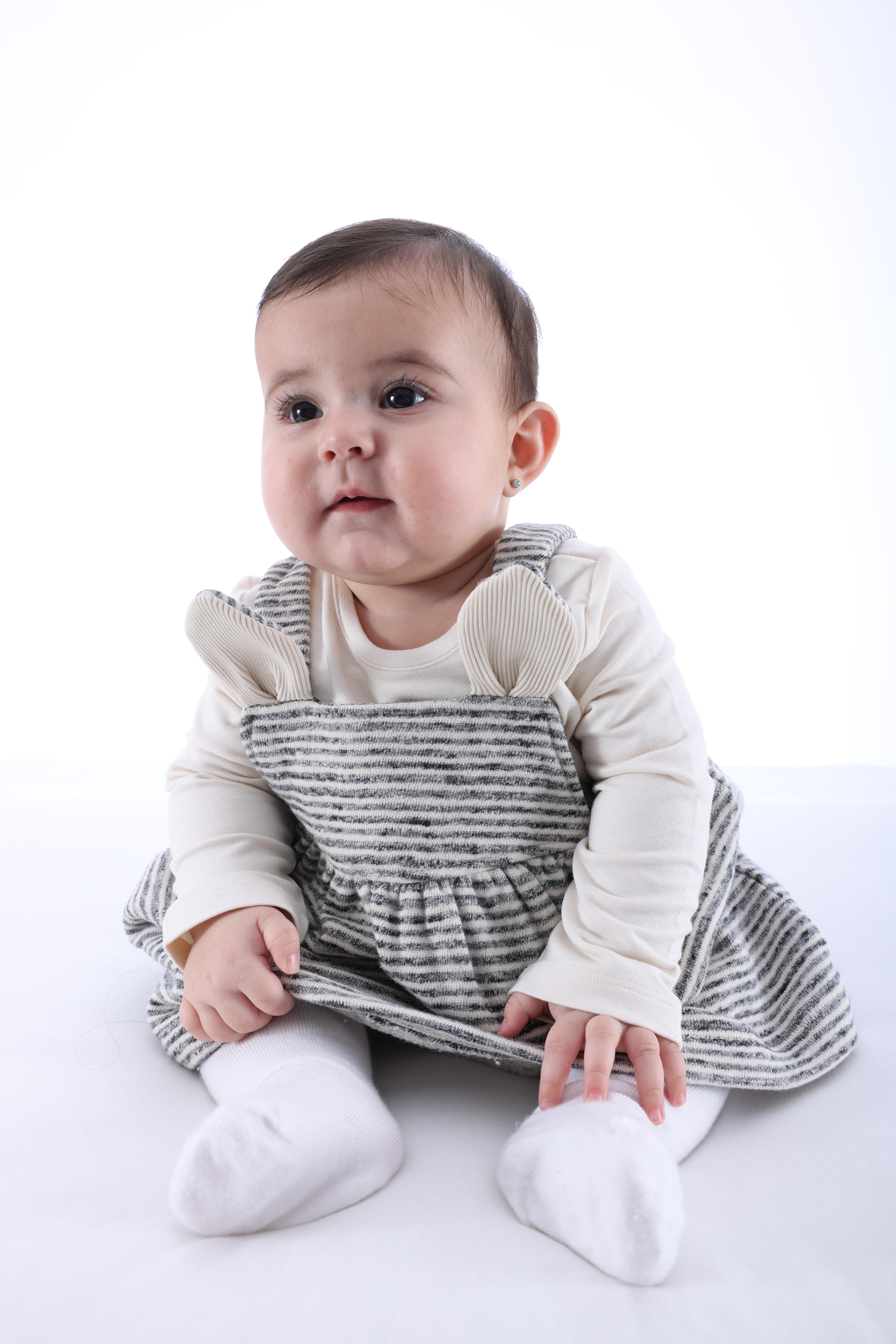 100% Cotton Grey Winter Baby Girl Dress With Ear Trim Straps