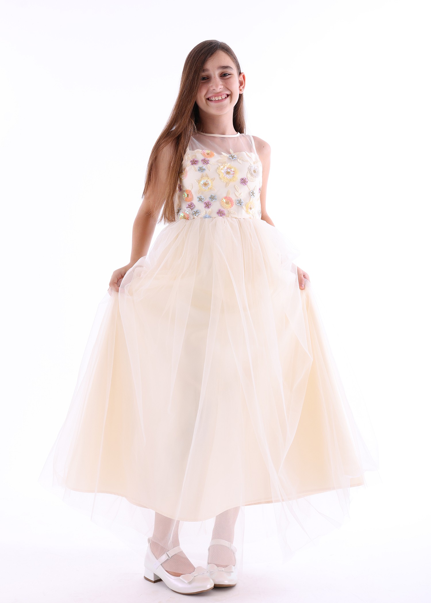 Tulle Long Beige Girl's Evening Dress